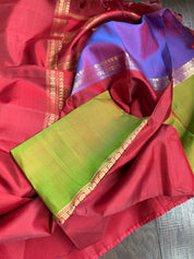 Pure Silk Mubbagam Kanjivaram - Red Green Purple Woven