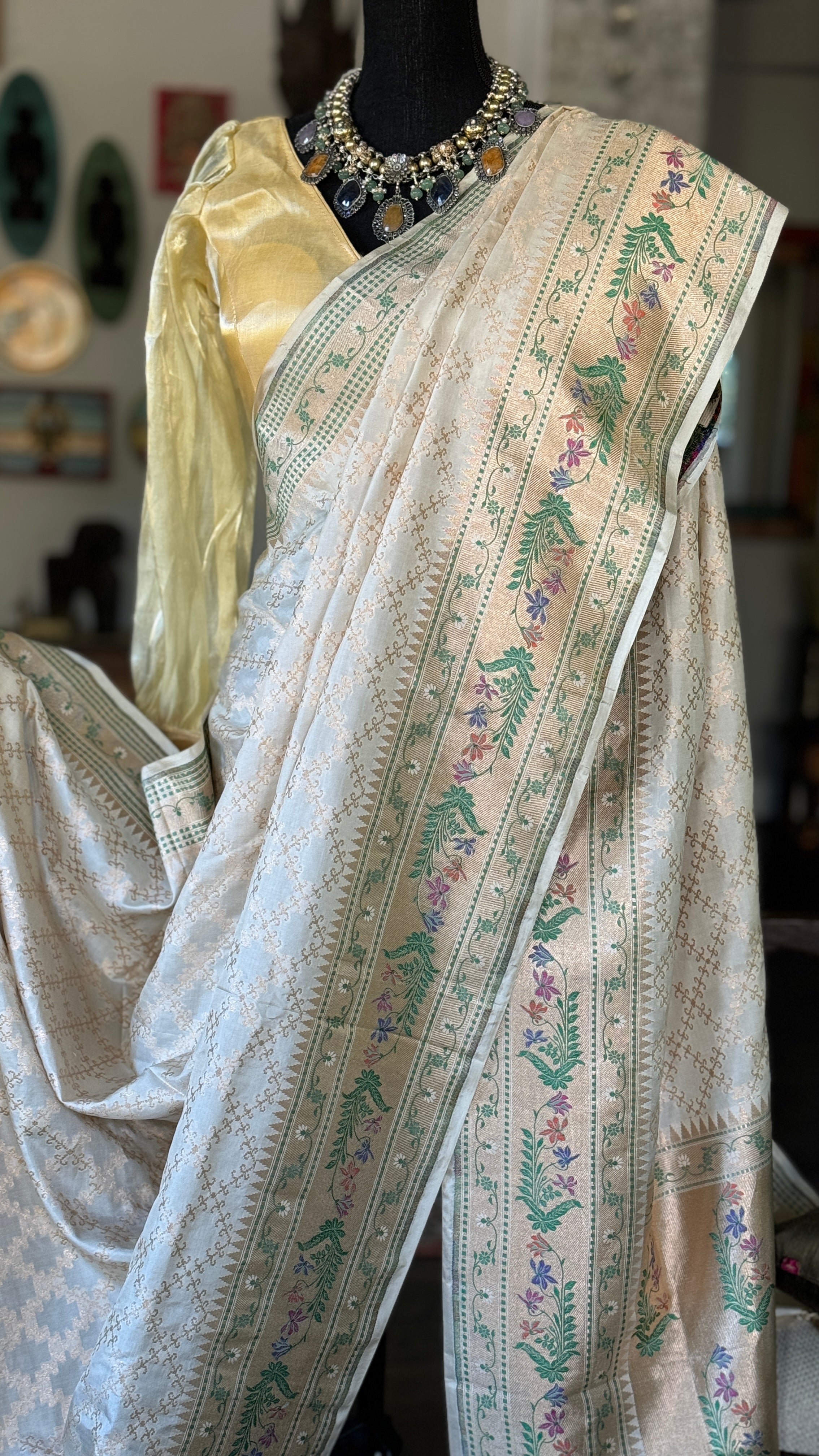 Pure Silk Katan Tilfi Banarasi- Cream Green