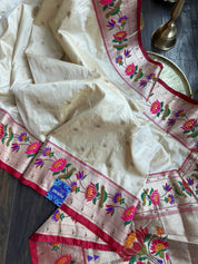 Pure Silk Paithani Single Munia - Cream Red Woven
