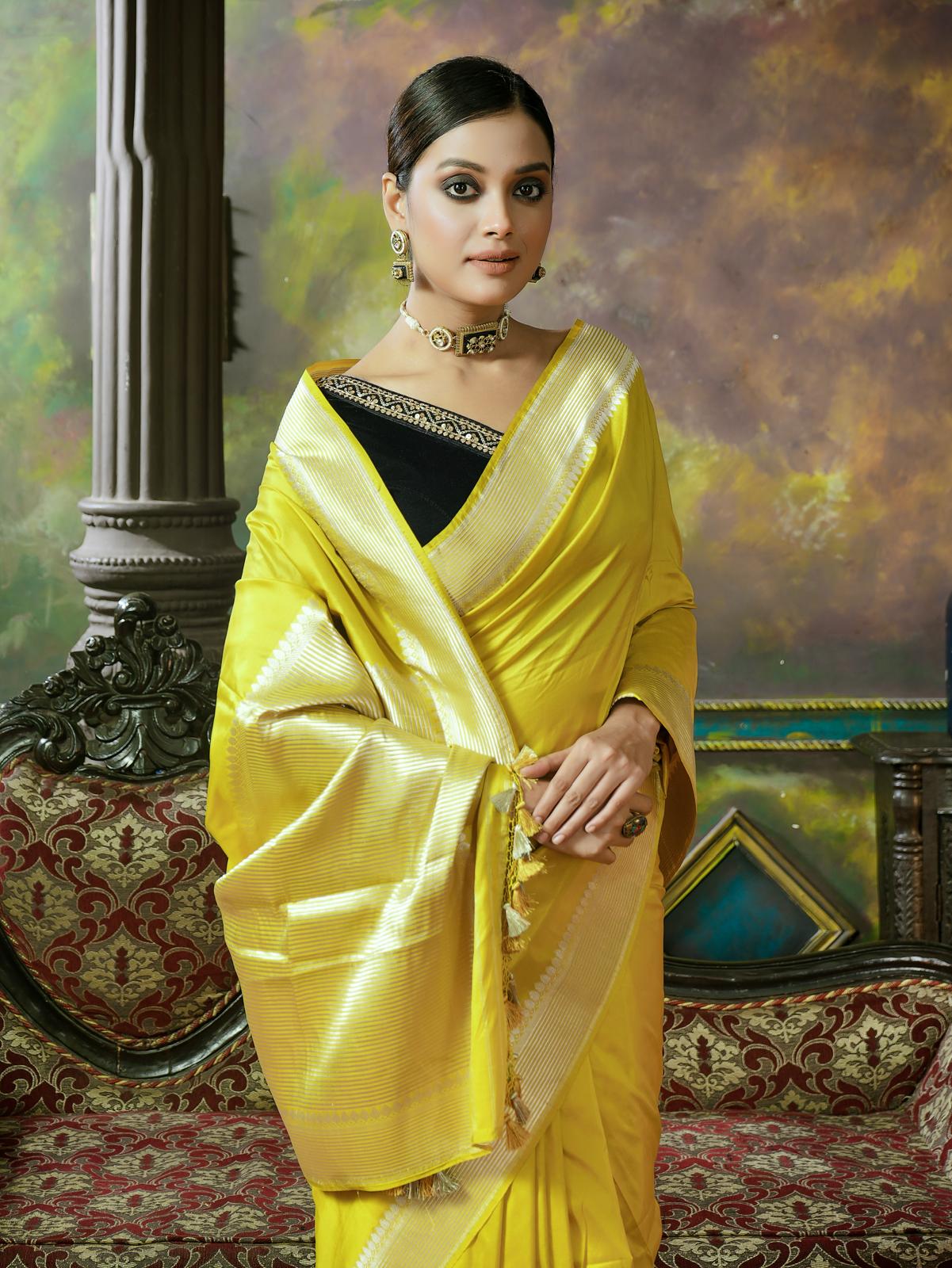 Pure Katan Silk Kadhua Banarasi - Lemon Ochre Yellow
