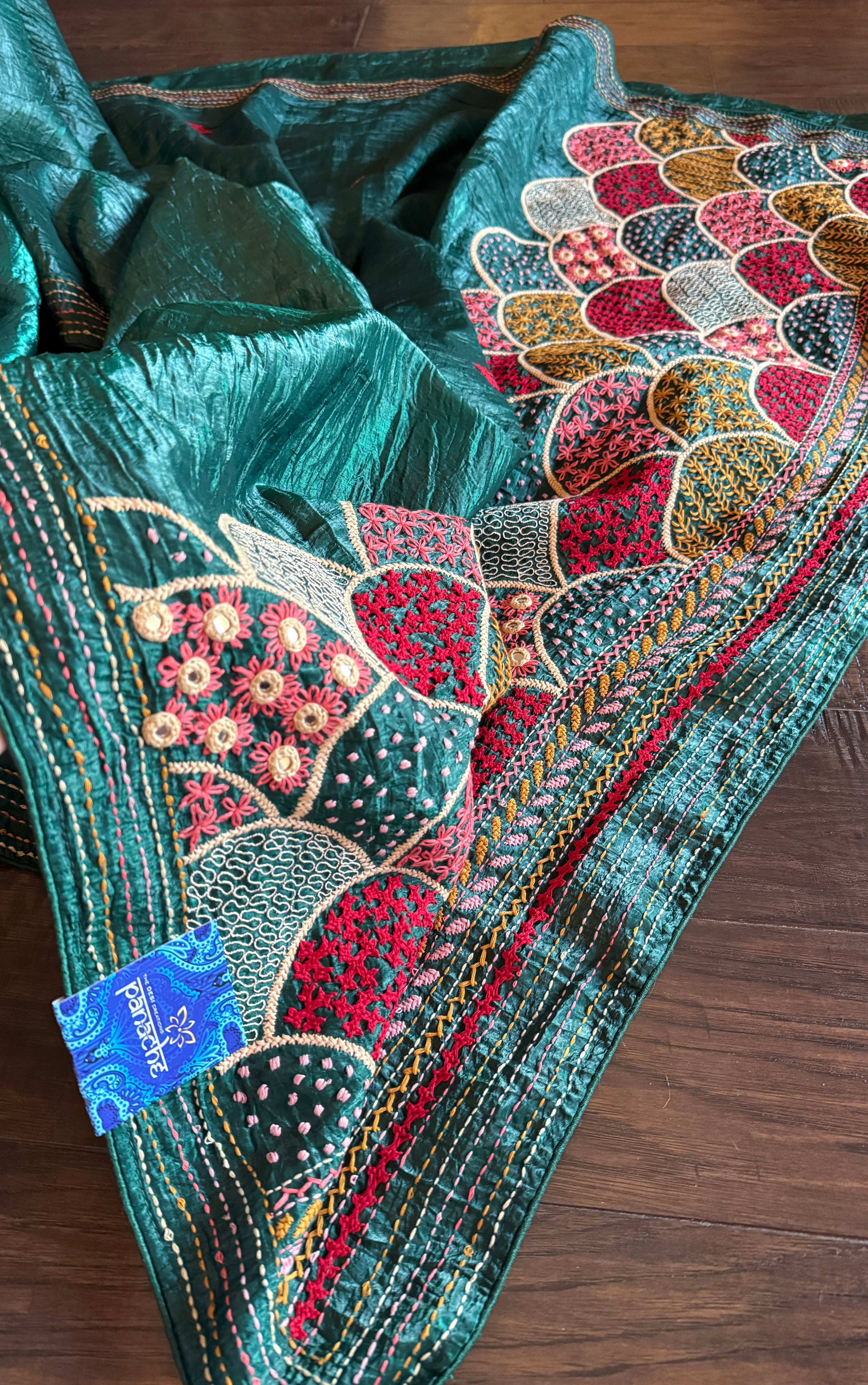 Designer Crushed Silk - Teal Gree Hand Lambani
