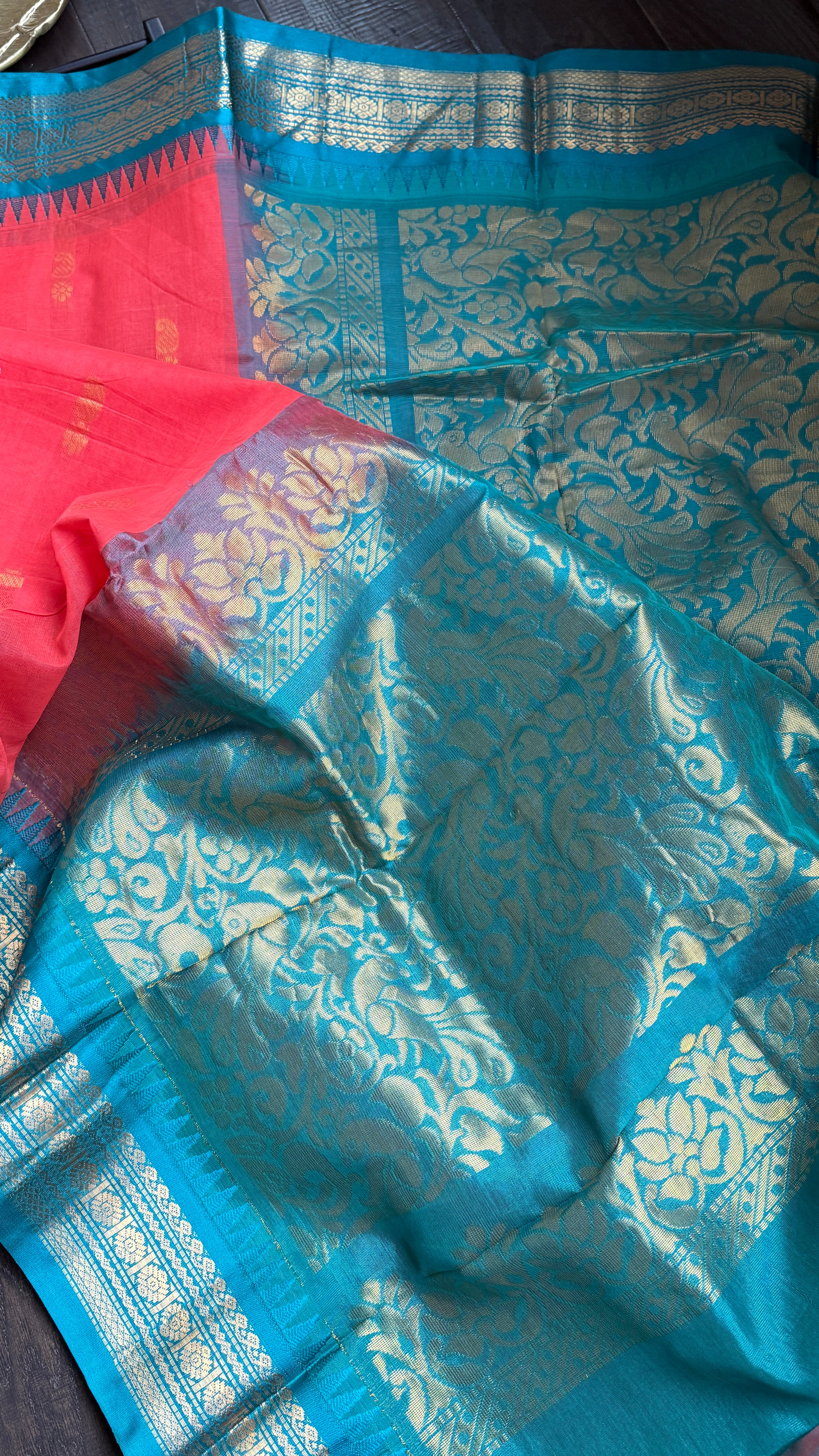 Cotton Gadwal - Coral Pink Orange Firozi