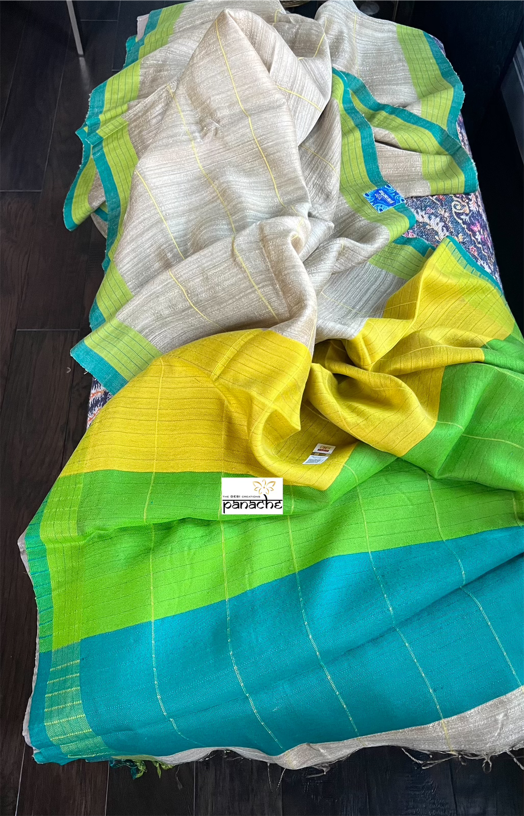 Pure Matka Silk - Tan Beige Lime Green