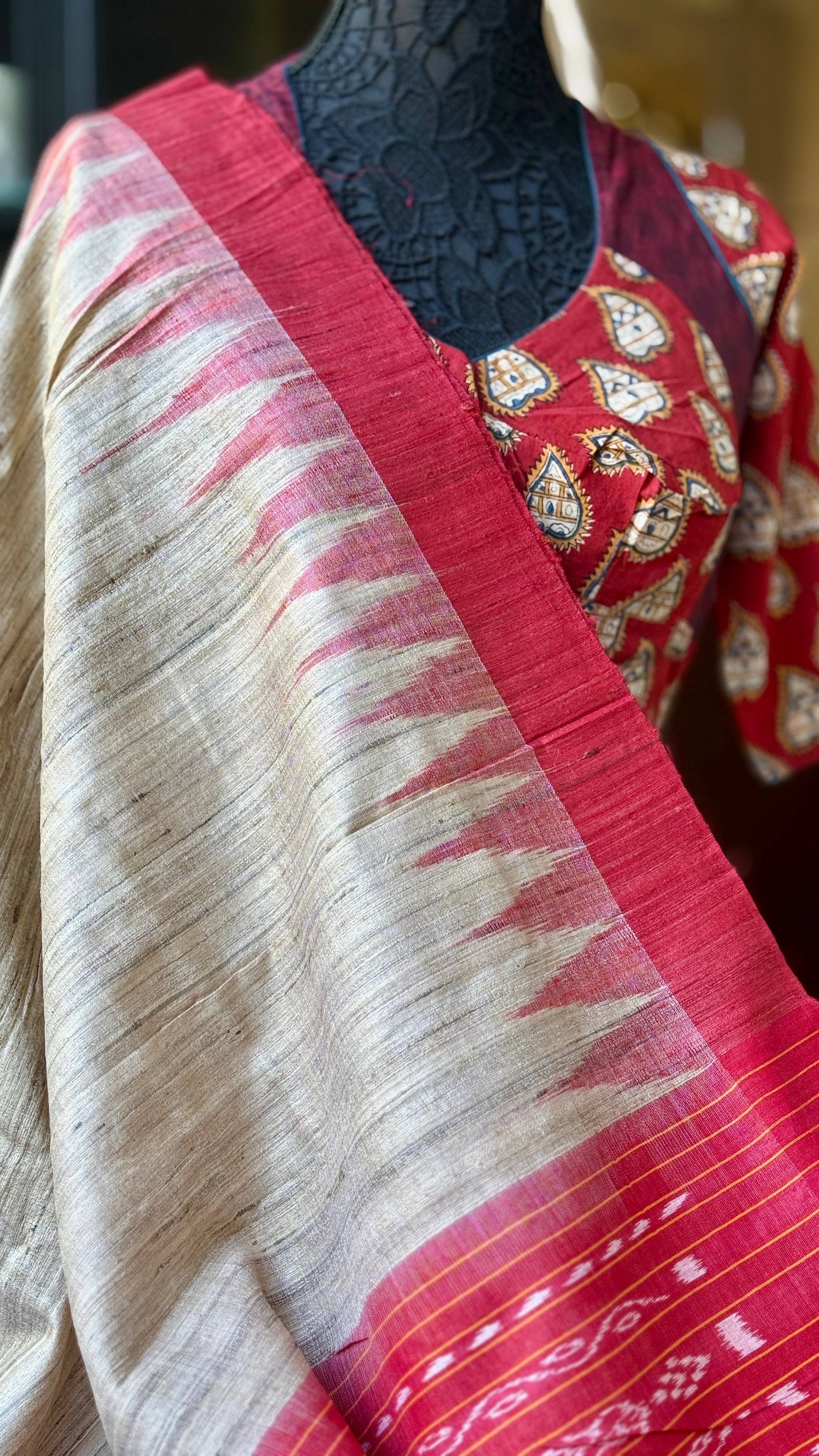 Gopalpur Tussar Silk Ikat - Beige Red