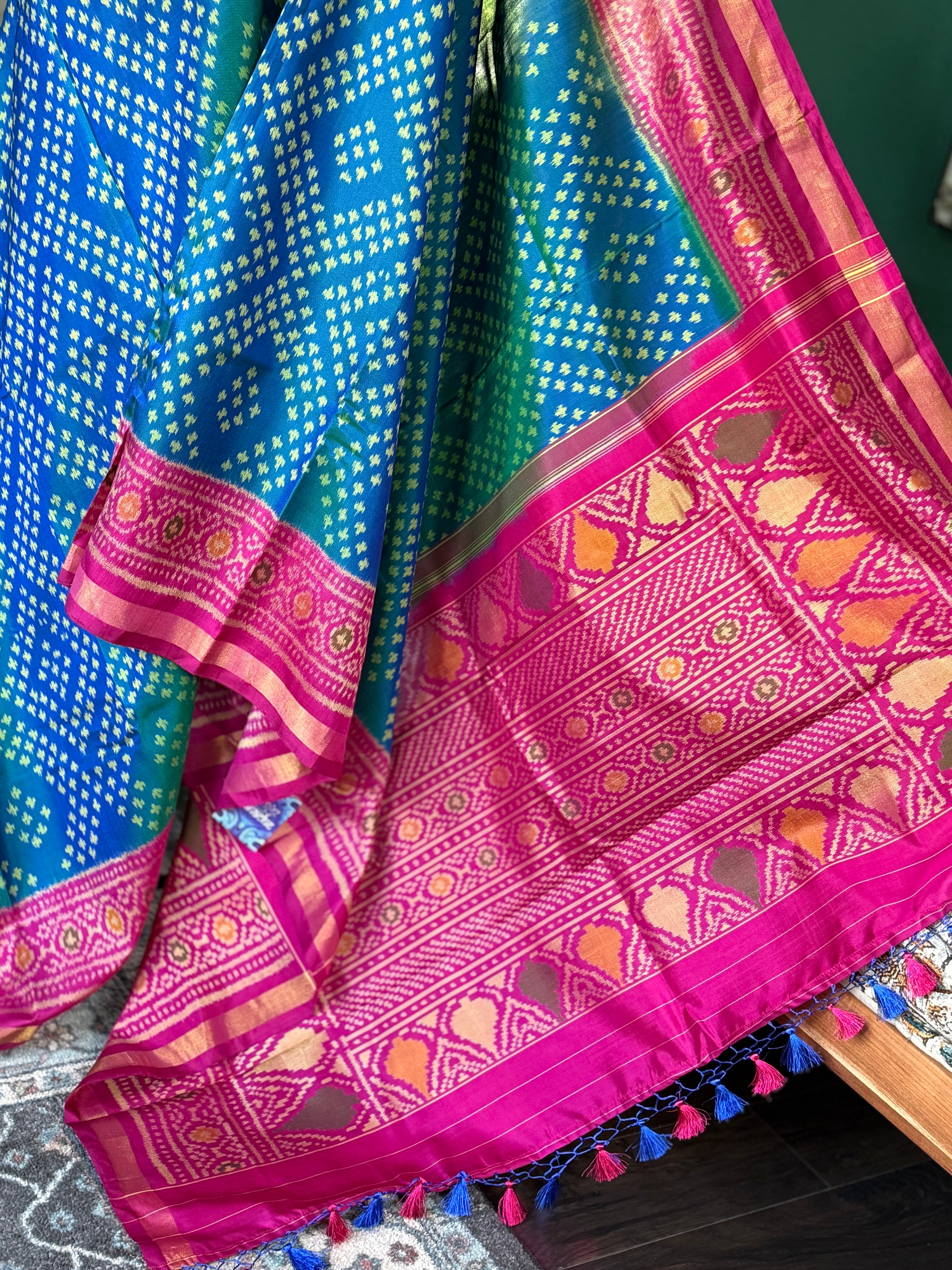 Pure Silk Ikat -  Firozi Sea Green Magenta