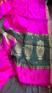Pure Silk Chanderi Dupatta - Pink Green Handwoven