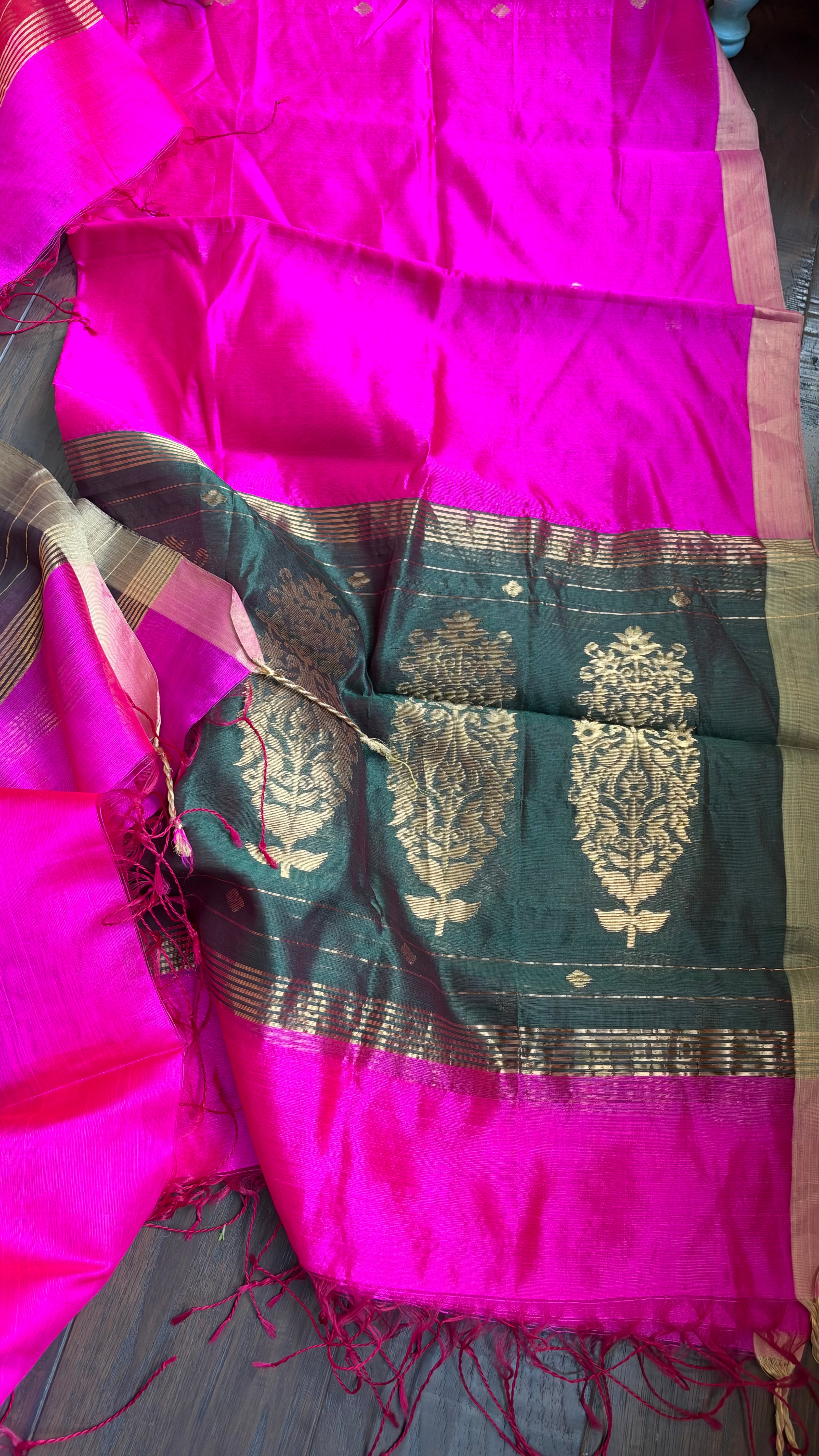 Pure Silk Chanderi Dupatta - Pink Green Handwoven