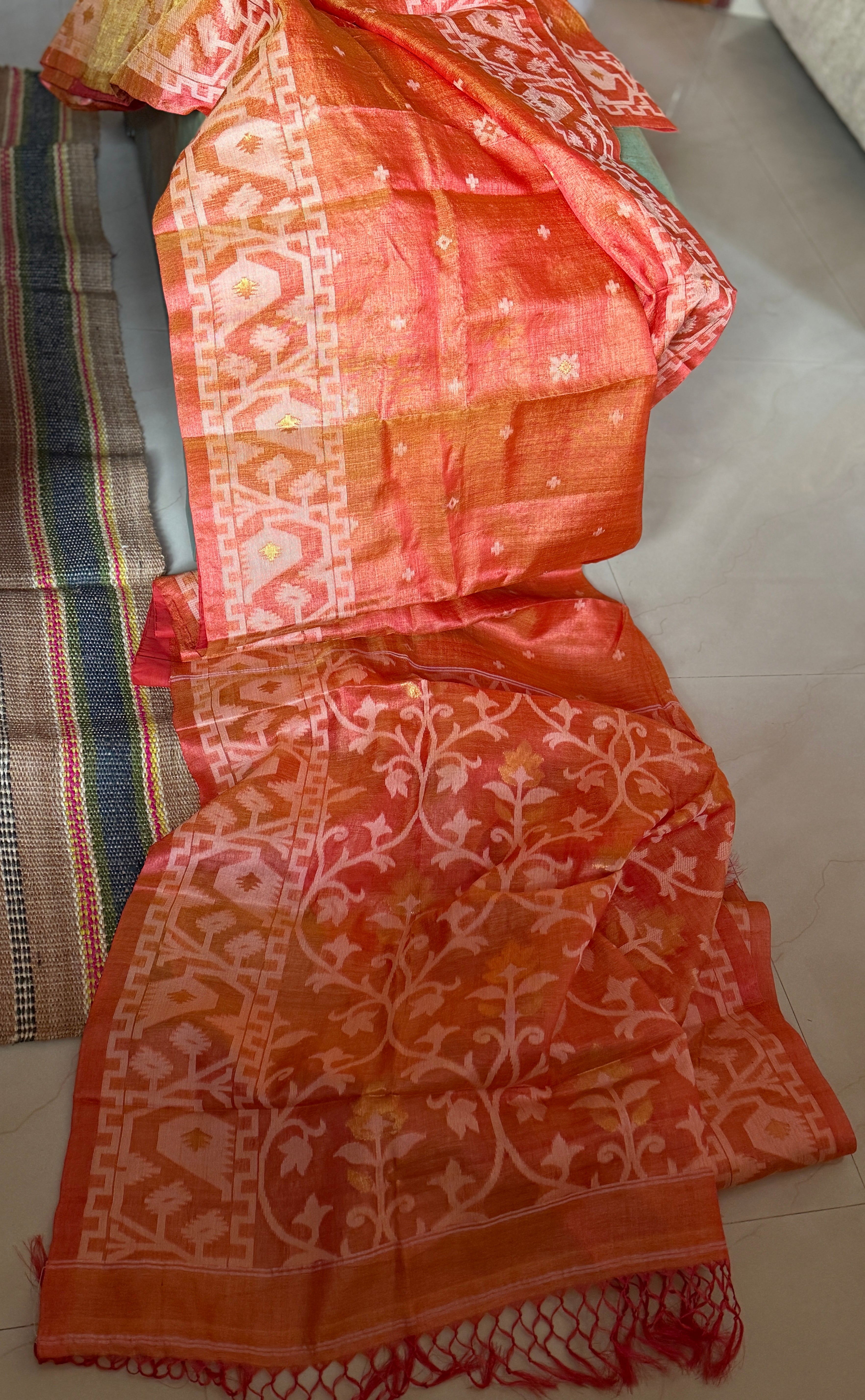 Pure Tussar Silk Jamdaani - Orange Pink Dual Shaded