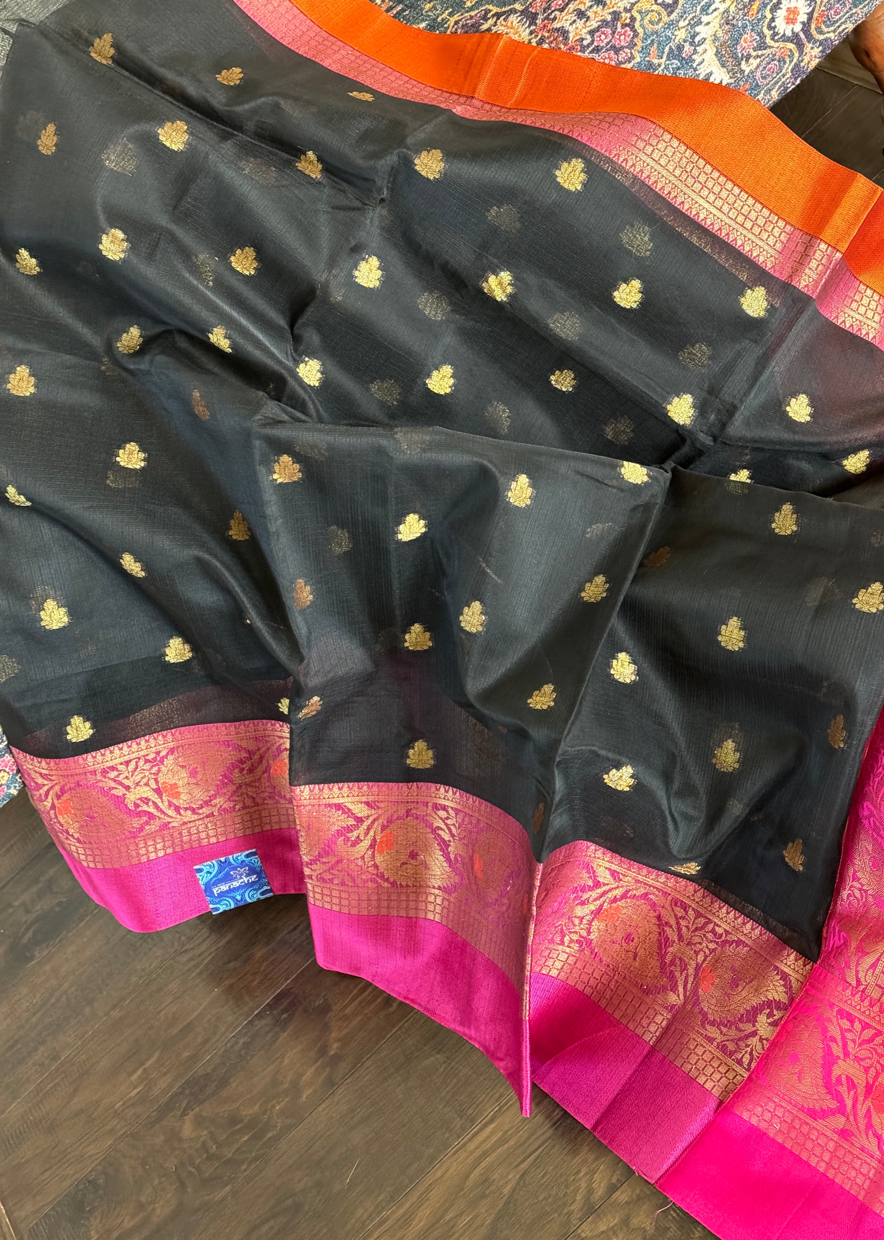 Cotton Silk Banaras Chanderi - Black Pink Orange