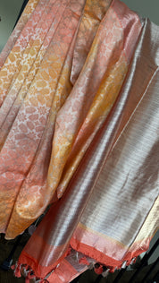 Designer Soft Silk Brocade Banarasi - Peach Pink Golden Tie-Dye