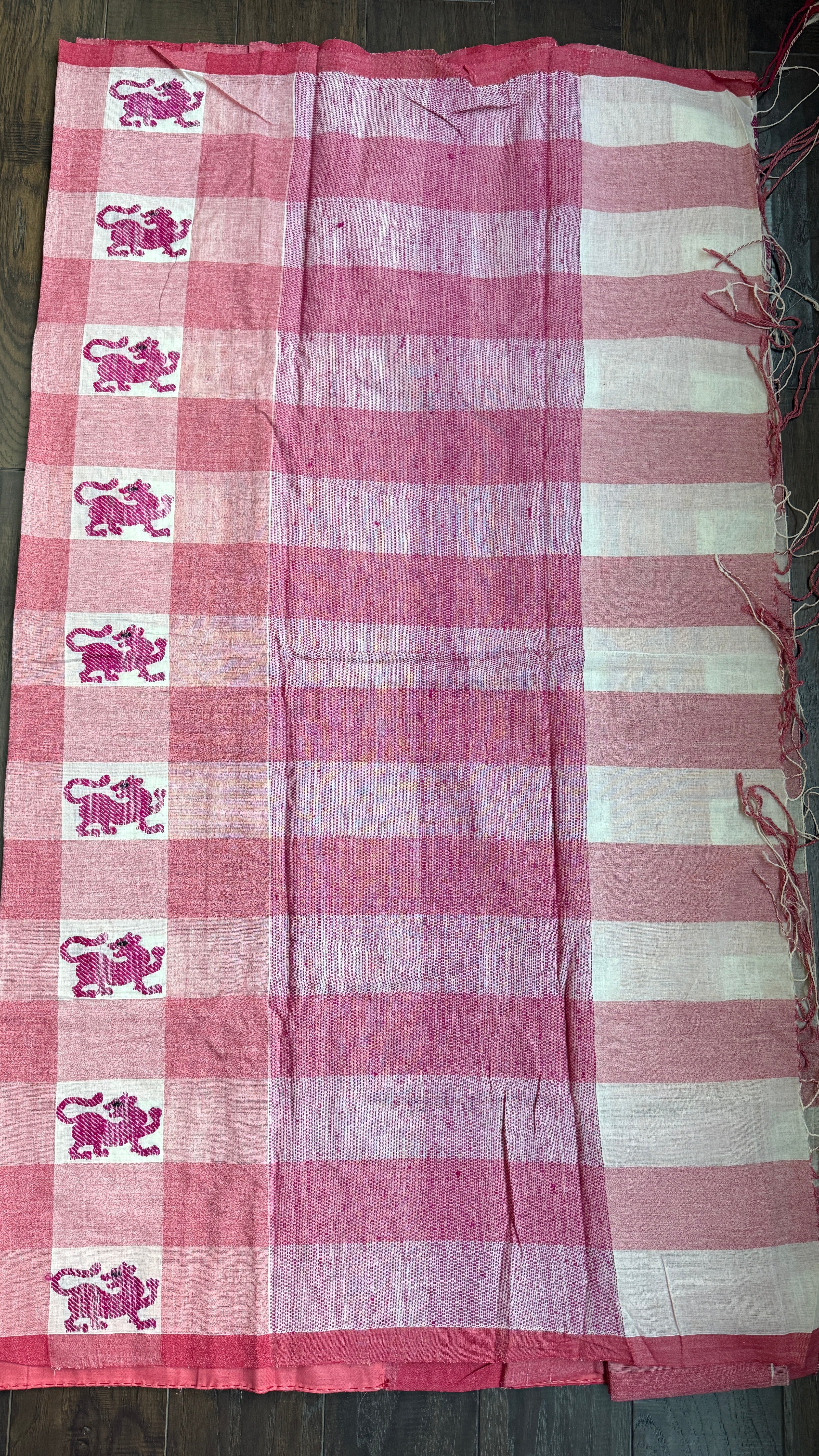 Exclusive Pure Khadi Cotton Checks - Red White Pink Lion Motif Woven