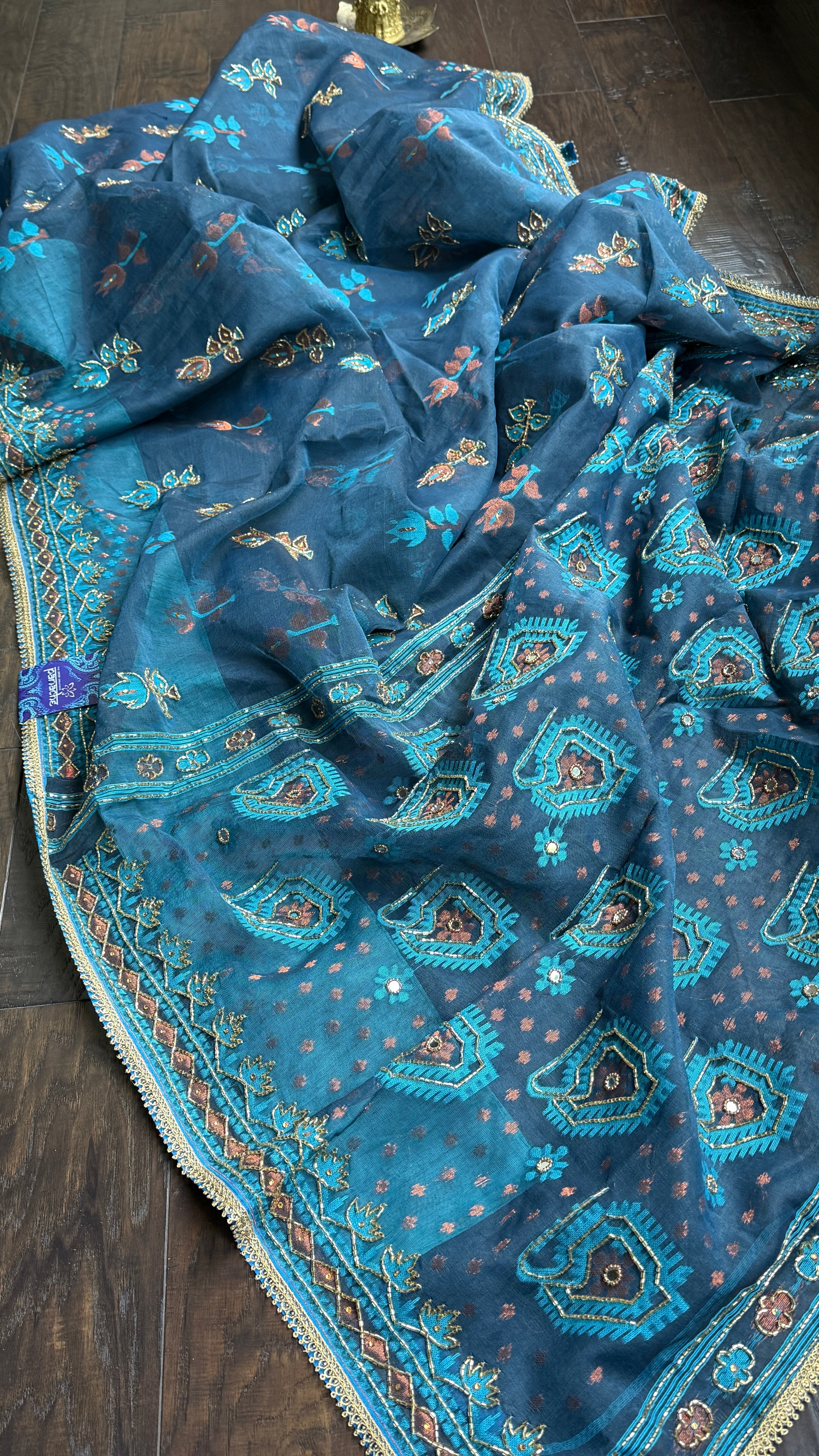 Designer Jamdaani Cutdana Embroidered - Light Firozi