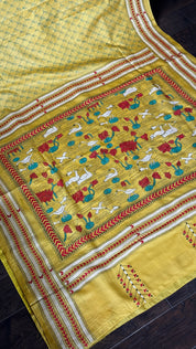 Pure Tussar Silk Kantha Stitch -  Yellow