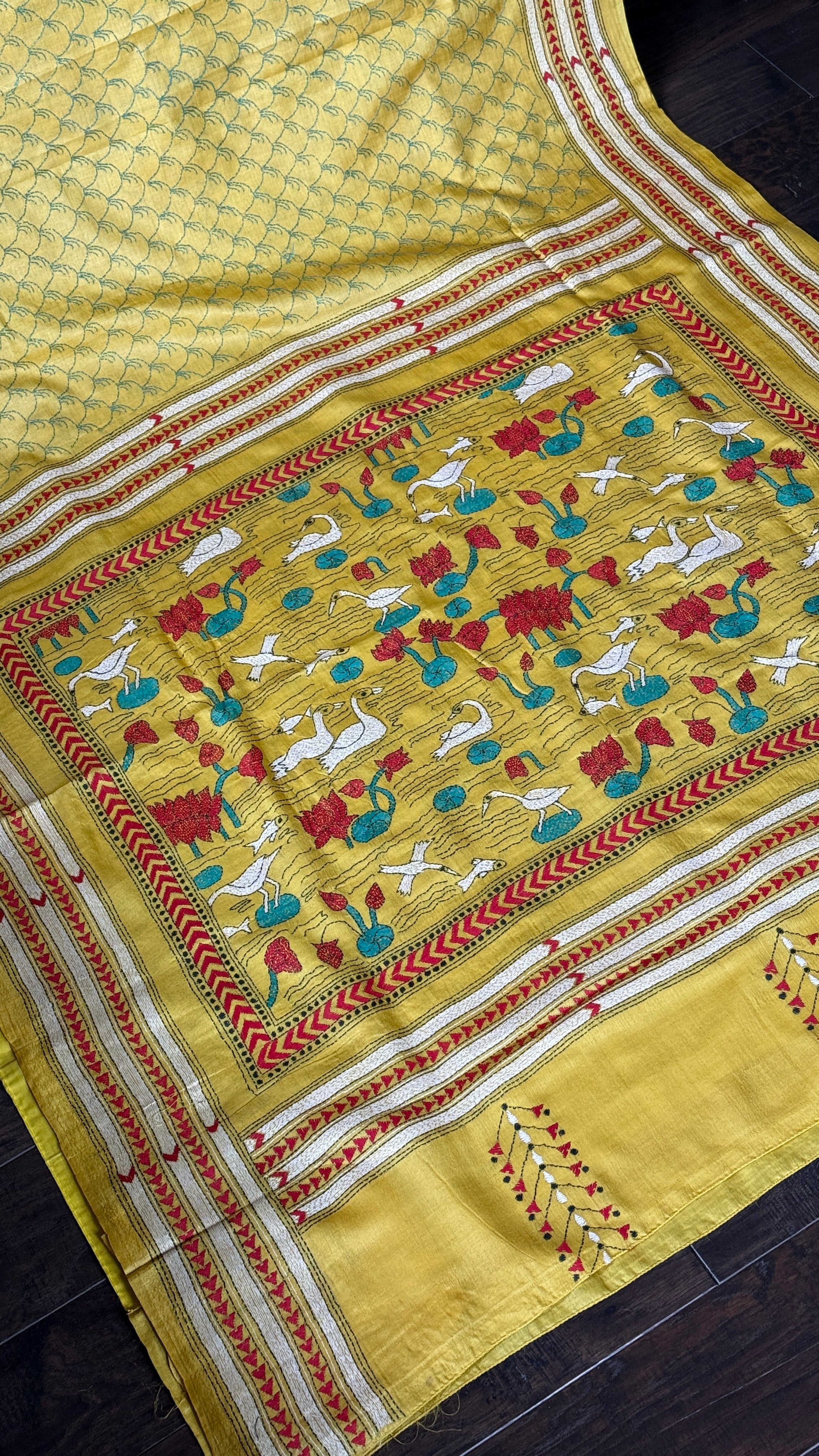 Pure Tussar Silk Kantha Stitch -  Yellow