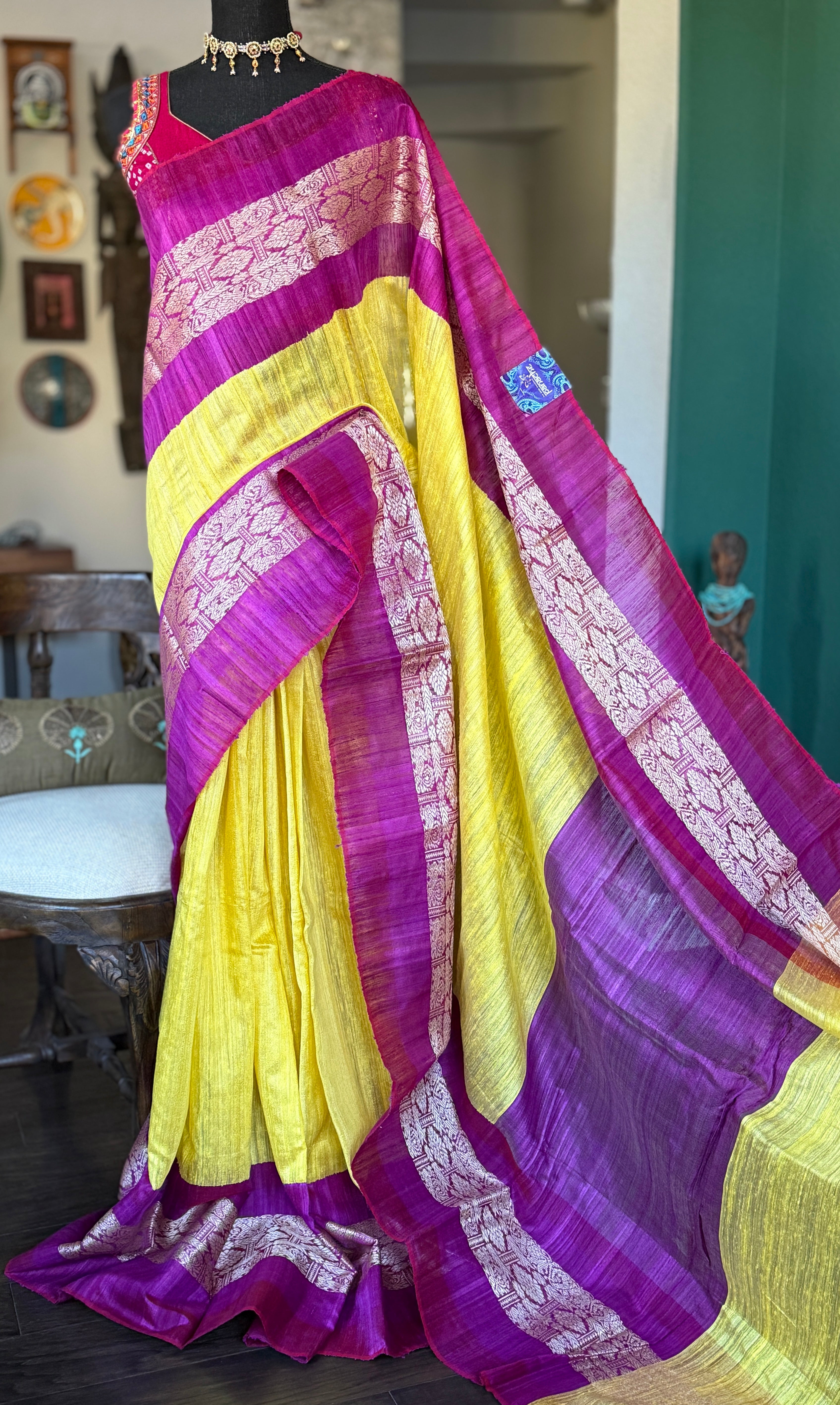 Pure Matka Silk Jamdaani - Yellow Purple Woven