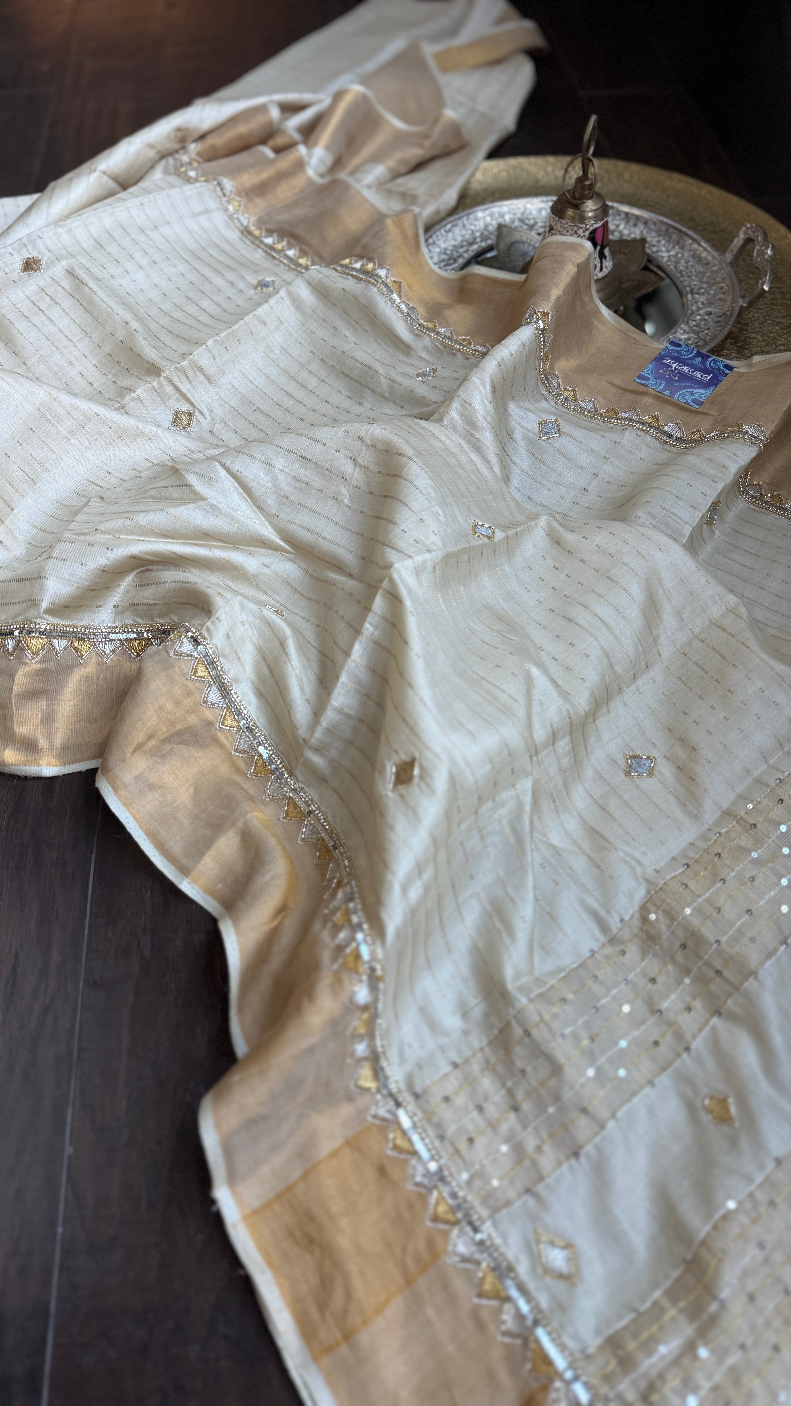 Designer Tussar Silk Zardozi - Beige Golden Purple Green Embroidered