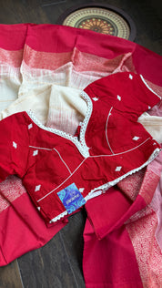 Pure Khadi Cotton Jamdani Handwoven - Off White Red Zari