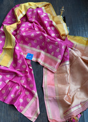 Pure Cotton Banarasi Satin border - Pink Ganga Yamuna Woven