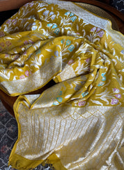 Khaddi Georgette Banarasi - Lime Yellow Meenakari
