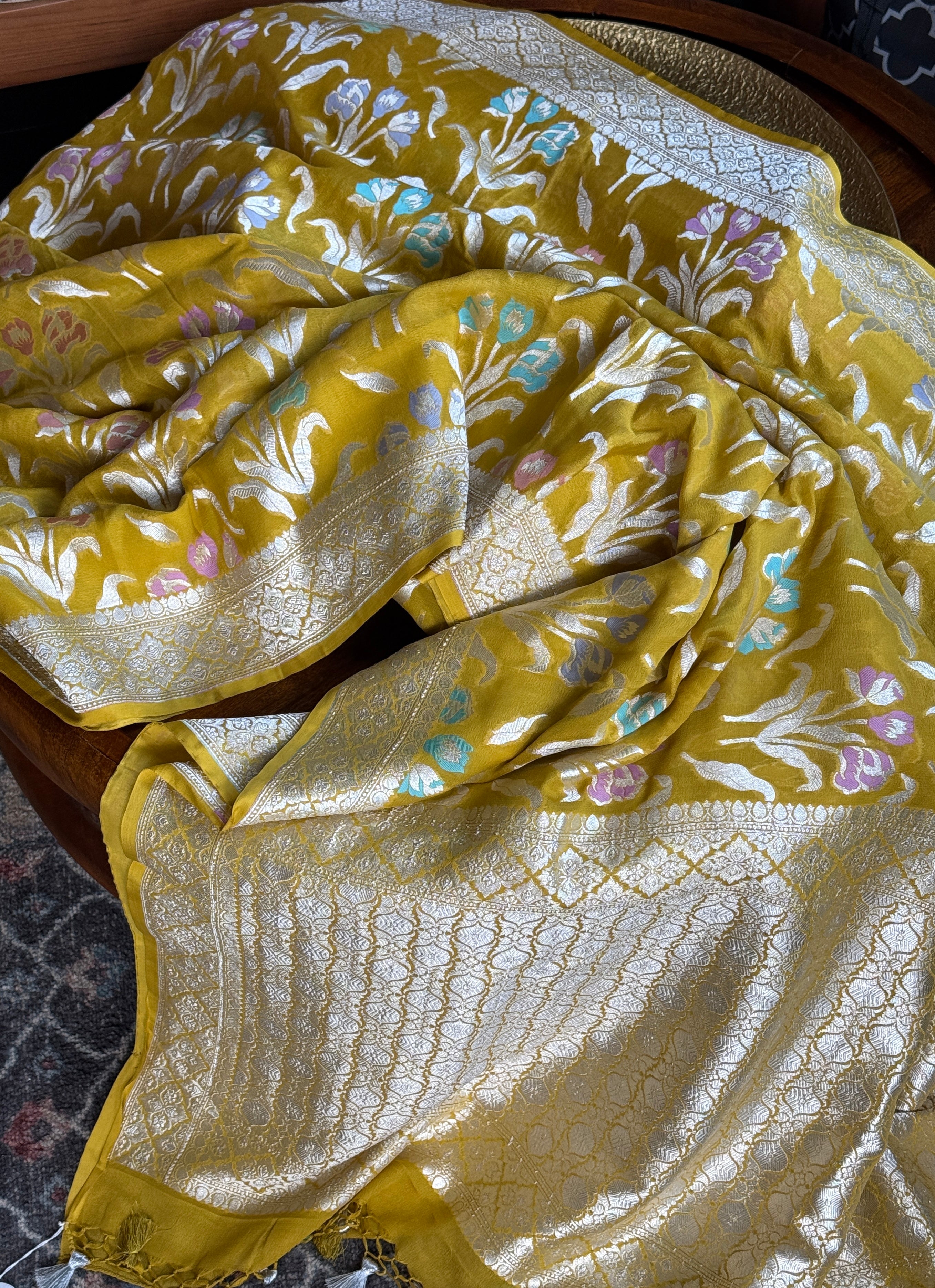 Khaddi Georgette Banarasi - Lime Yellow Meenakari