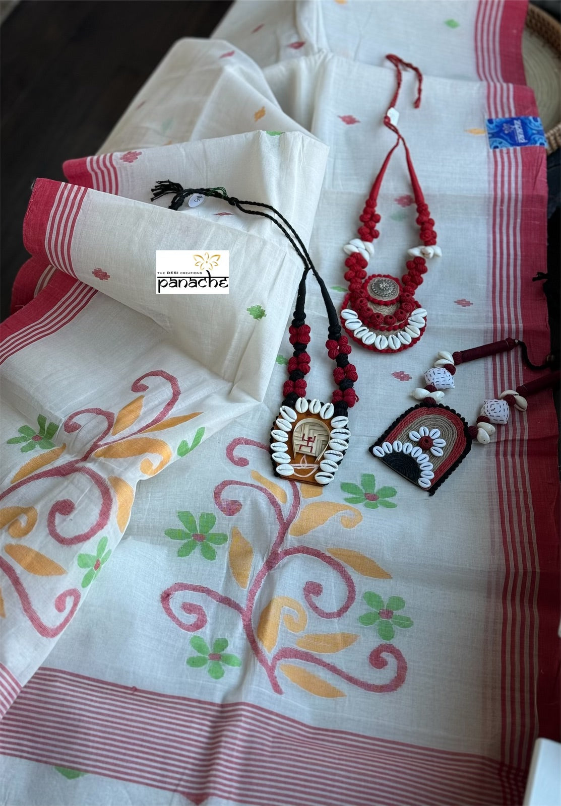 Pure Khadi Cotton Jamdaani - Off-White Red HandWoven