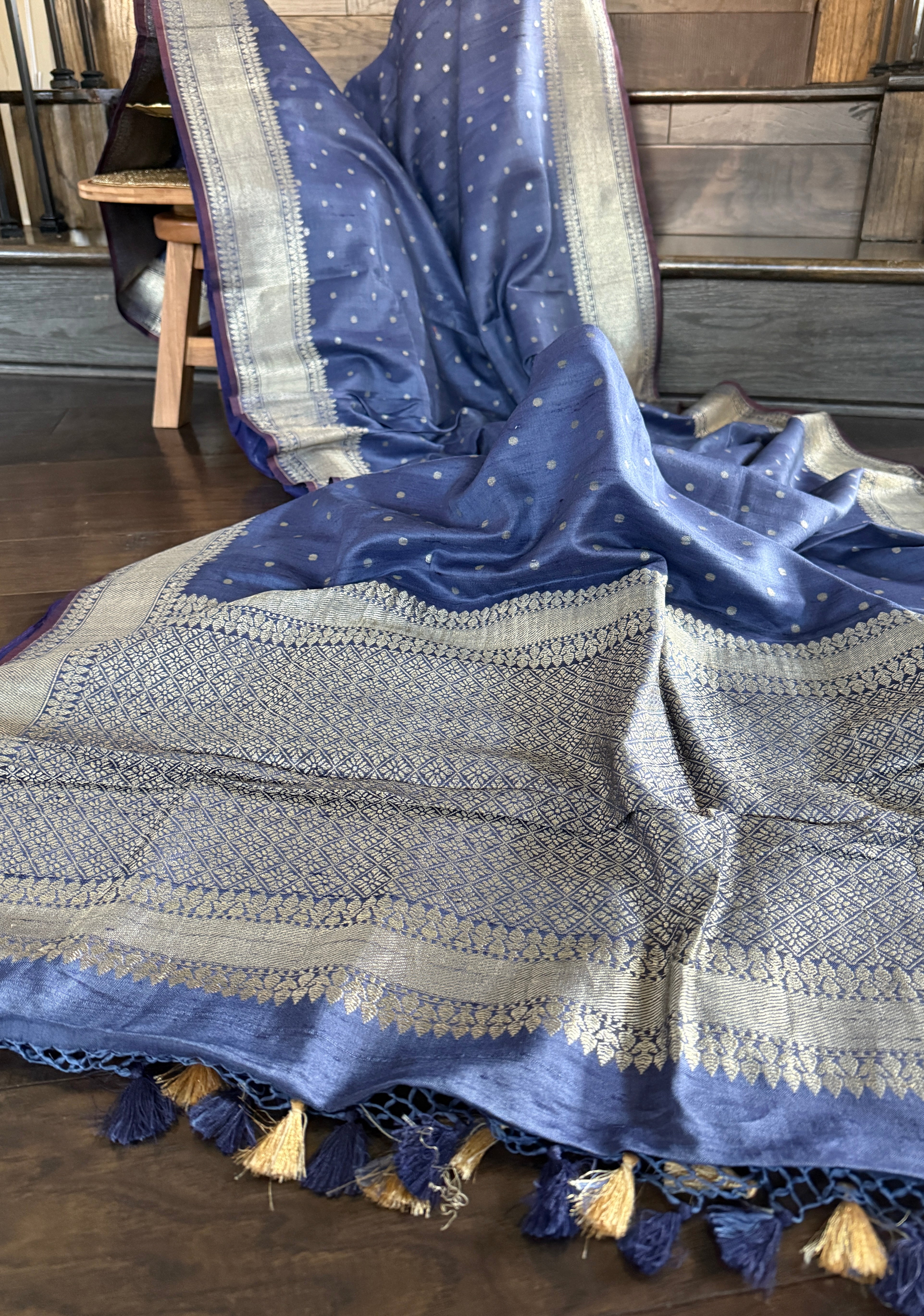 Tussar Silk Banarasi - Grey Blue Antique Zari