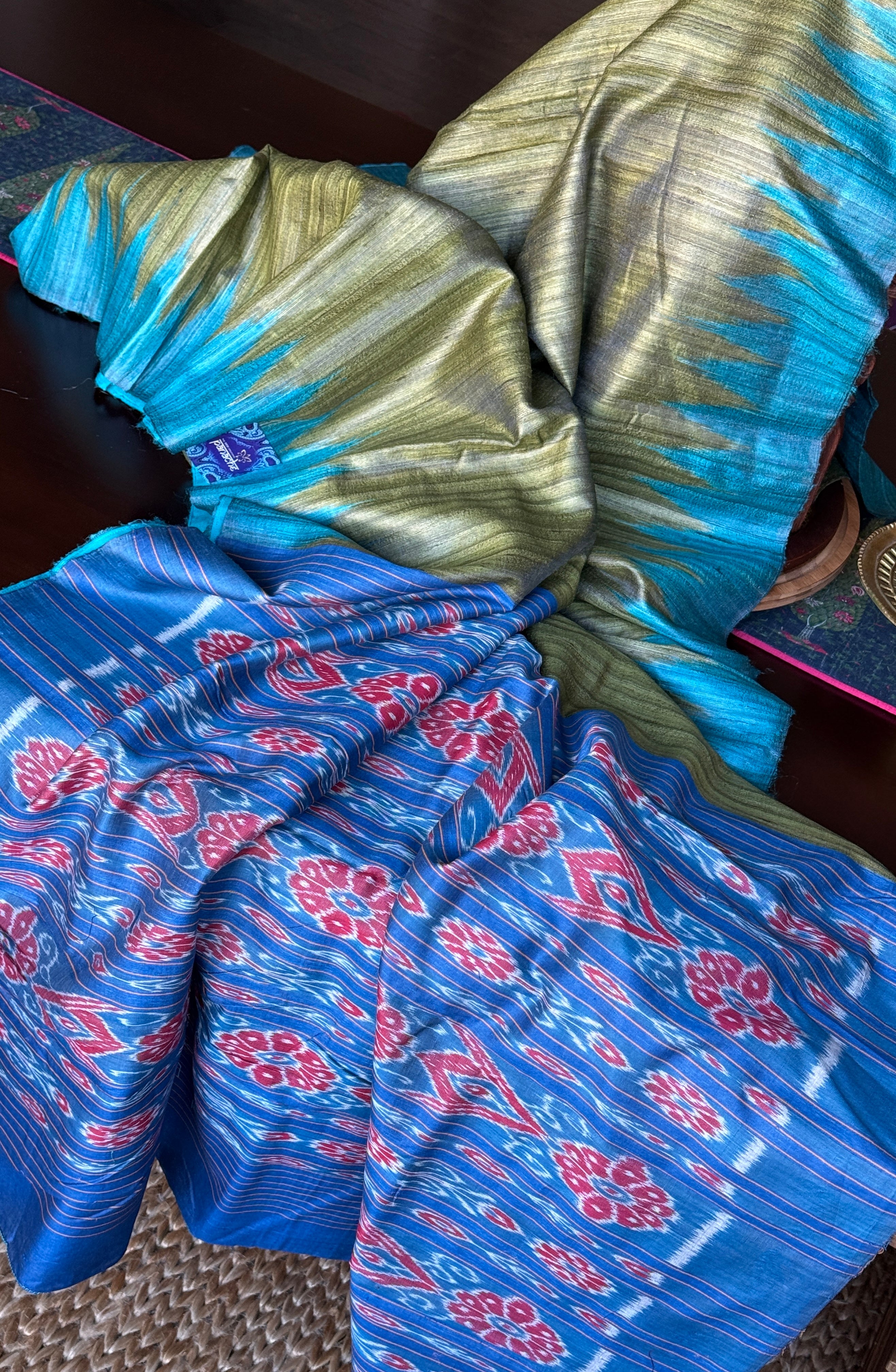 Gopalpur Tussar Silk Ikat - Henna green Blue