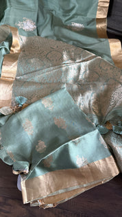 Pure Katan Silk Borderless Banarasi - Dark Green Red Kadhua