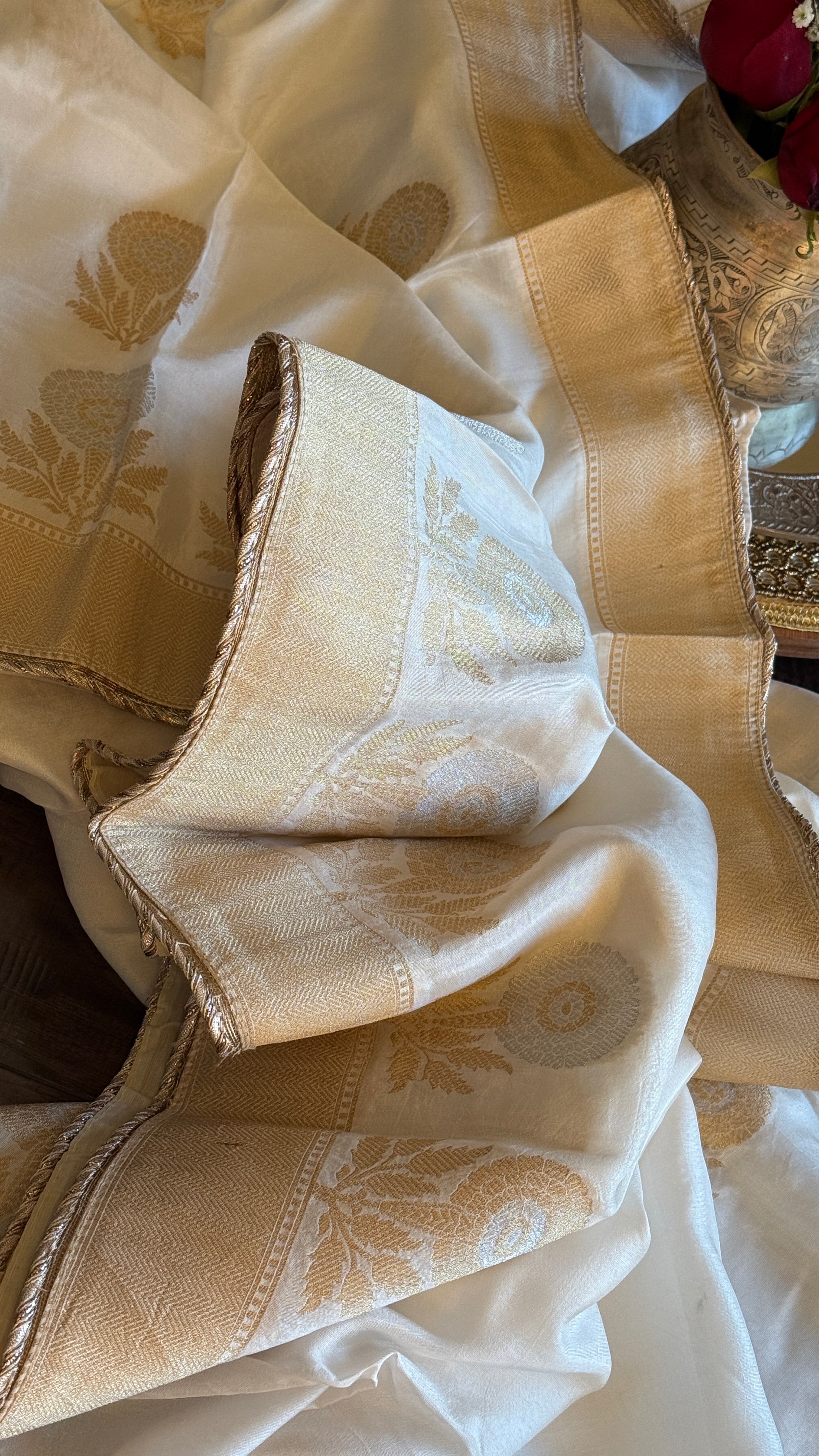 Designer Soft Silk Banarasi Saree - Off White Golden