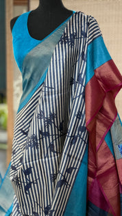 Pure Tussar Silk - Blue Firozi Magenta