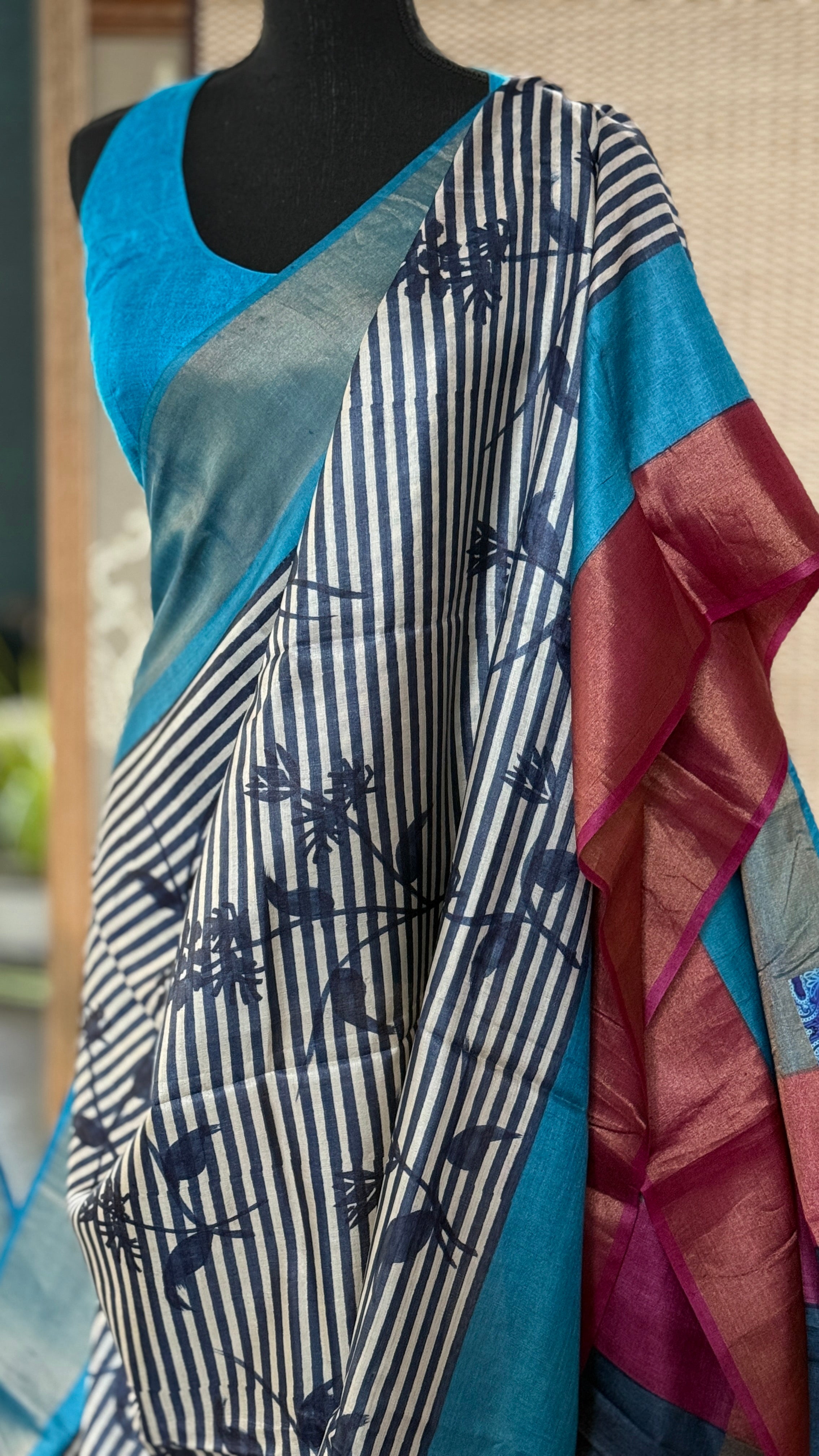 Pure Tussar Silk - Blue Firozi Magenta