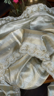 Designer Tissue Silk - Silver Golden Embroidered 2