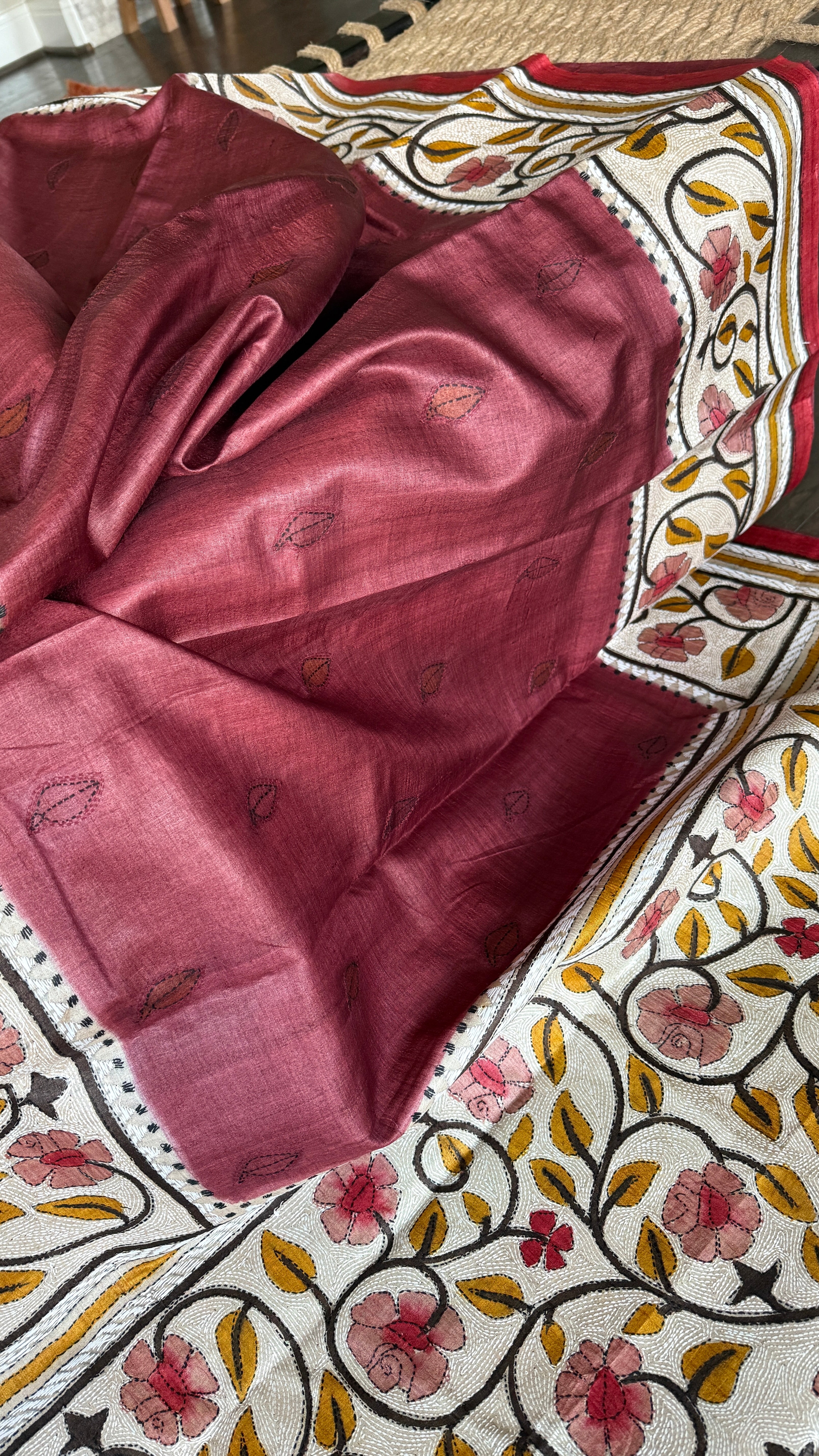 Pure Tussar Silk Kantha Stitch -  Maroon Beige