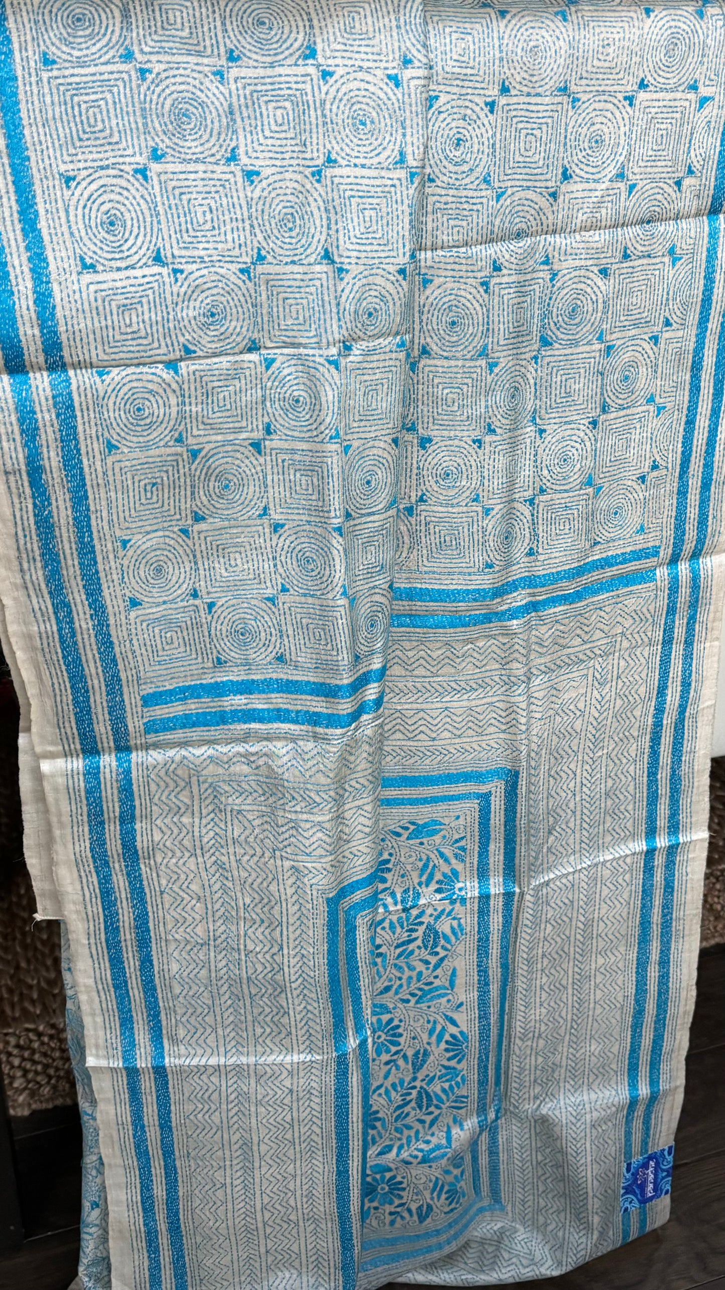 Pure Tussar Silk Kantha Stitch - Beige Firozi
