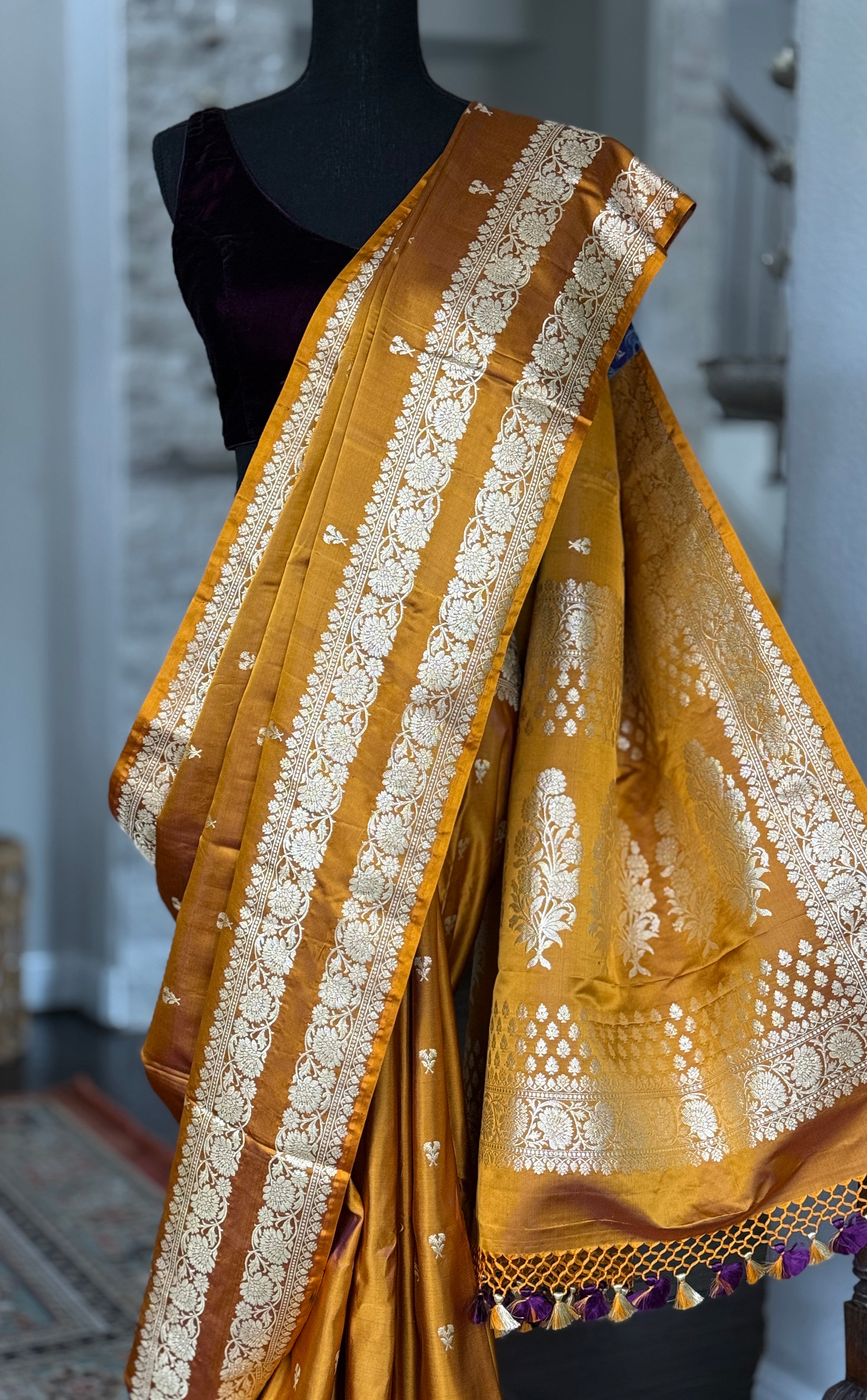 Pure Silk Mashru Banaras i- Golden Ochre Yellow