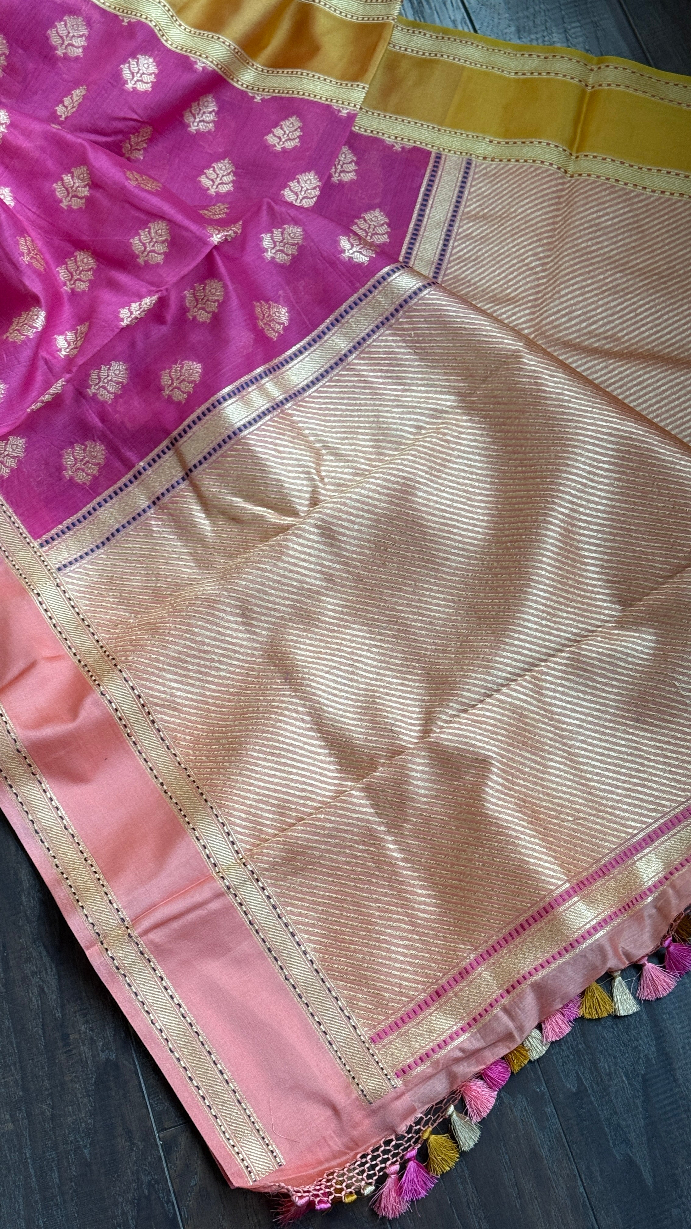 Pure Cotton Banarasi Satin border - Pink Ganga Yamuna Woven