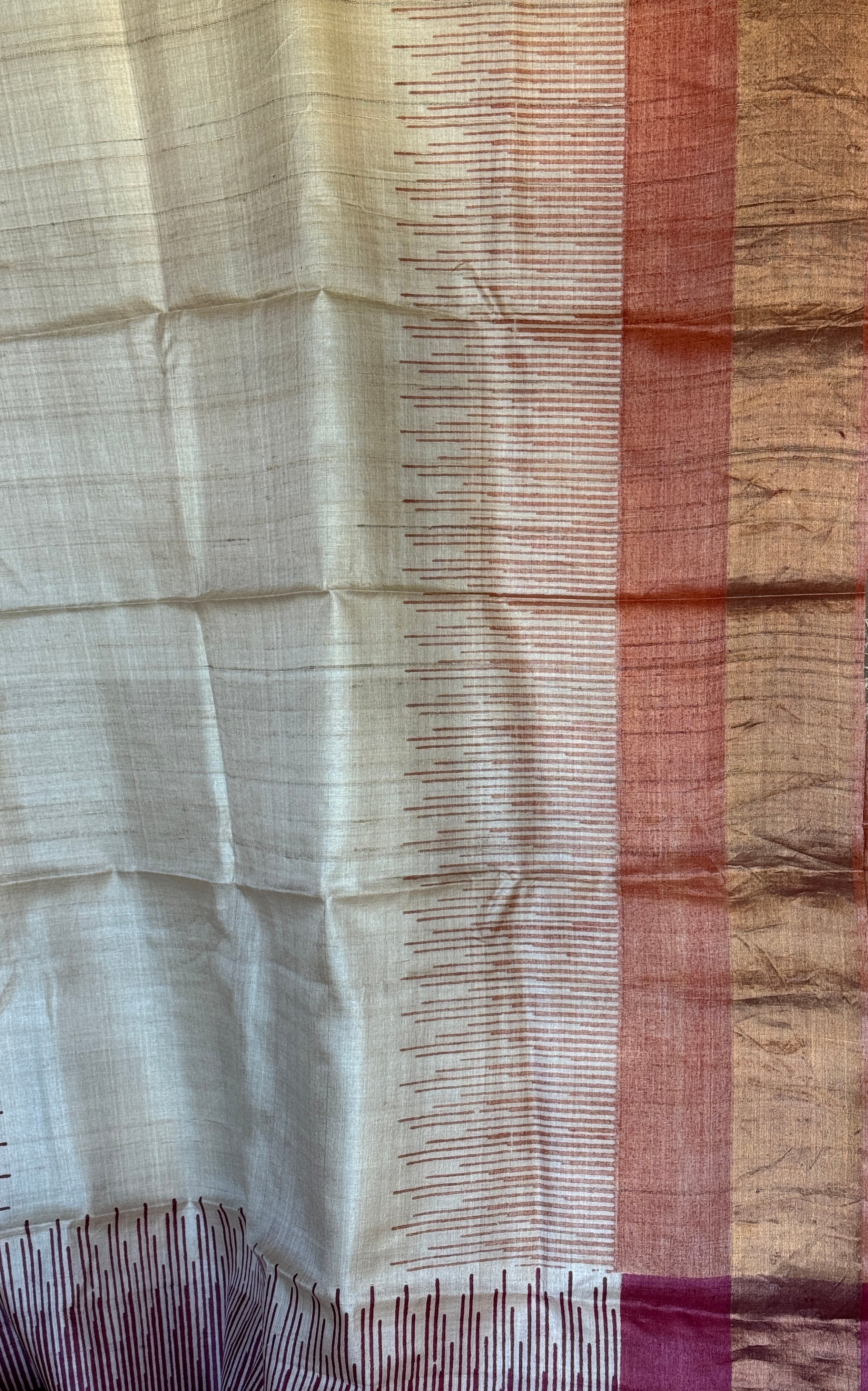 Pure Tussar Silk Hand Block Printed - Beige Rust Wine