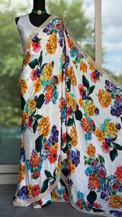 Designer Crepe Satin - White Multi Color