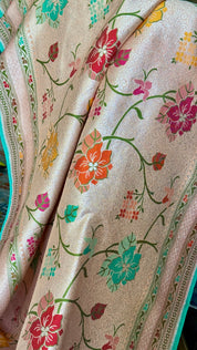 Khaddi Tussar Banarasi -  Peach Sea Green Meenakari