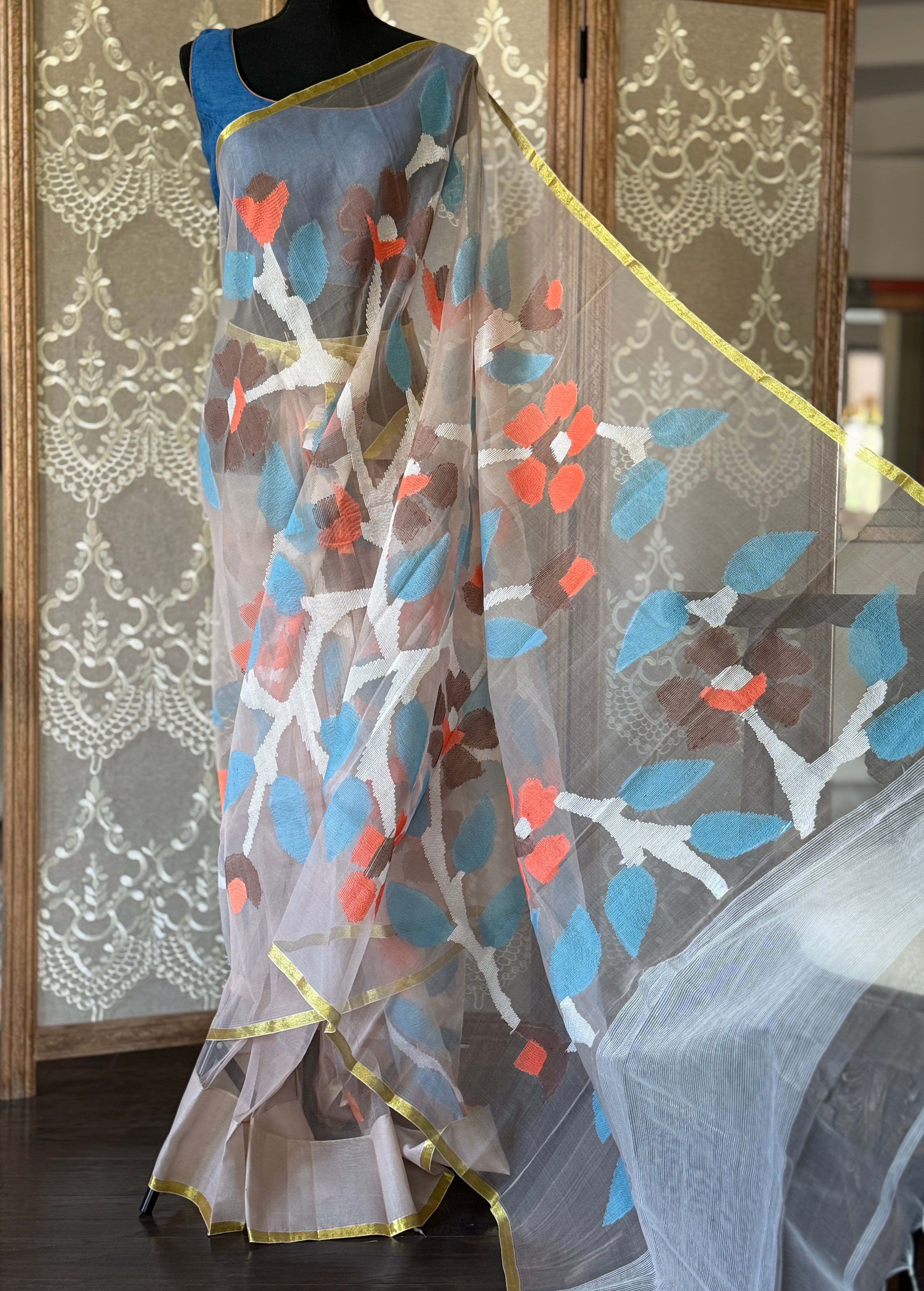 Muslin Jamdaani - Wheat color Golden Zari