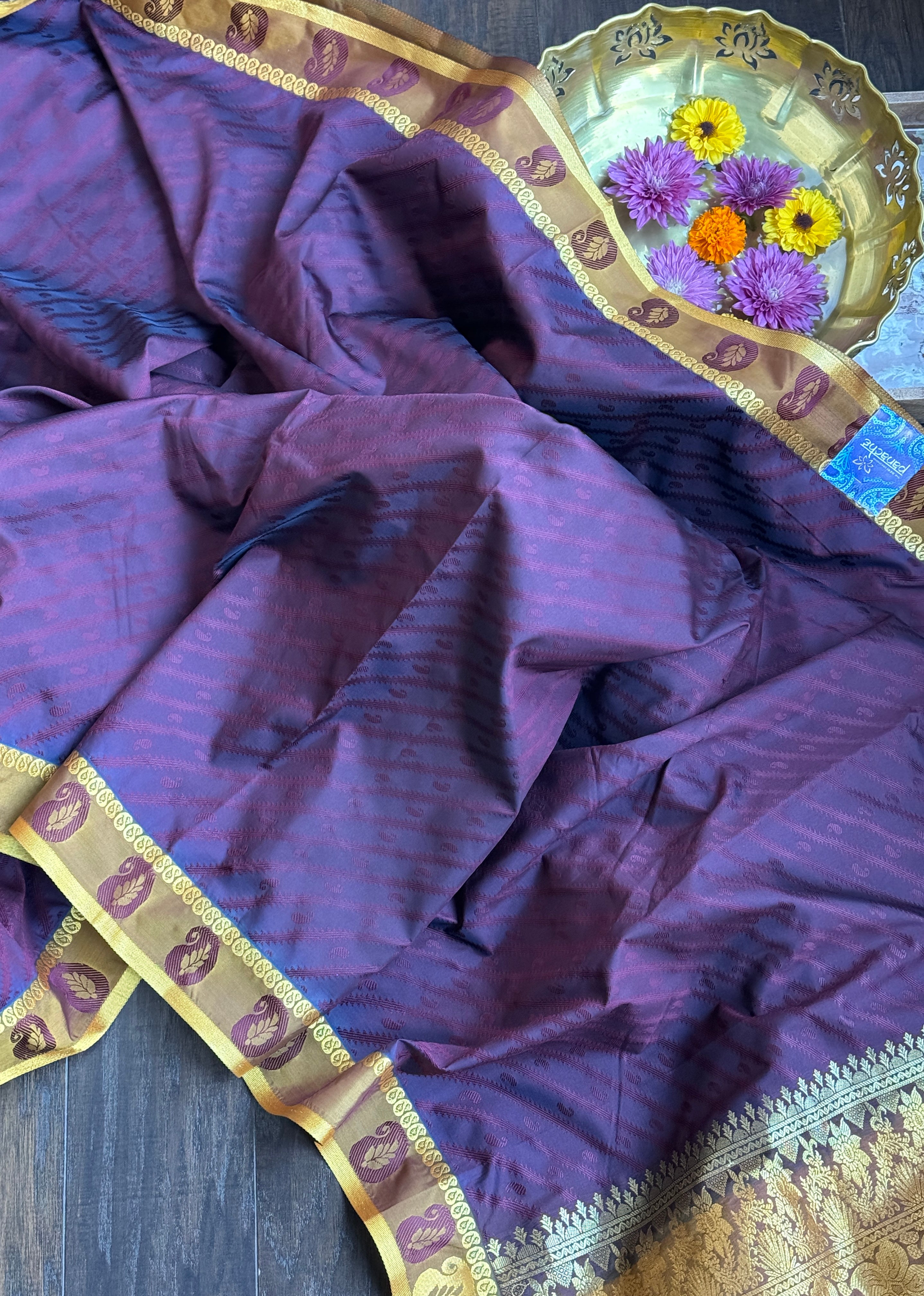 Soft Silk Kanjivaram - Wine color Tanchoi Golden Zari