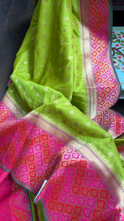 Soft Silk Banarasi - Lime Green Magenta Antique Golden Zari