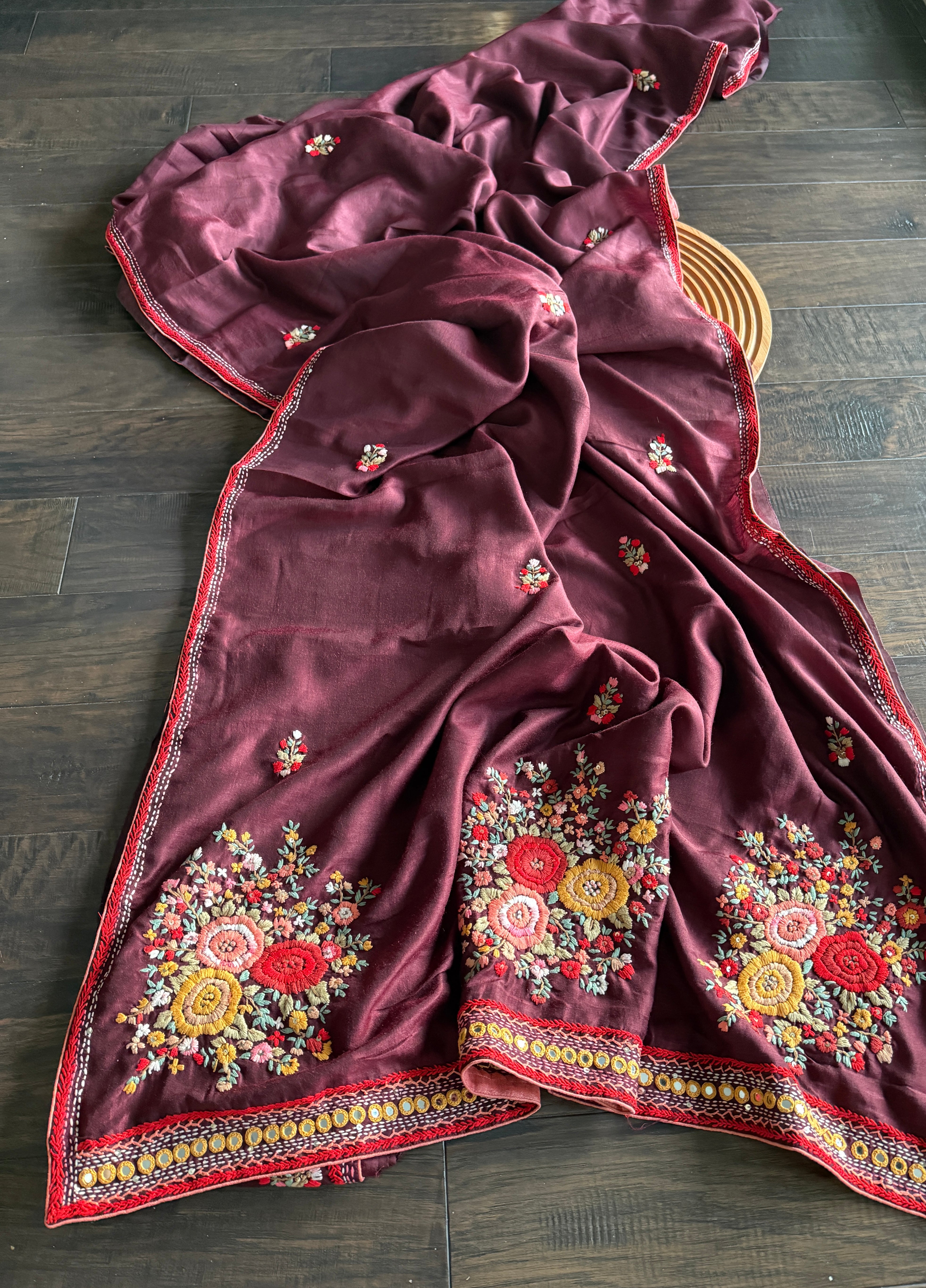 Designer Muga Embroidered - Wine Maroon