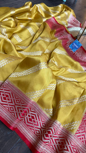 Pure Silk Katan Banarasi- Yellow Red Kadhua