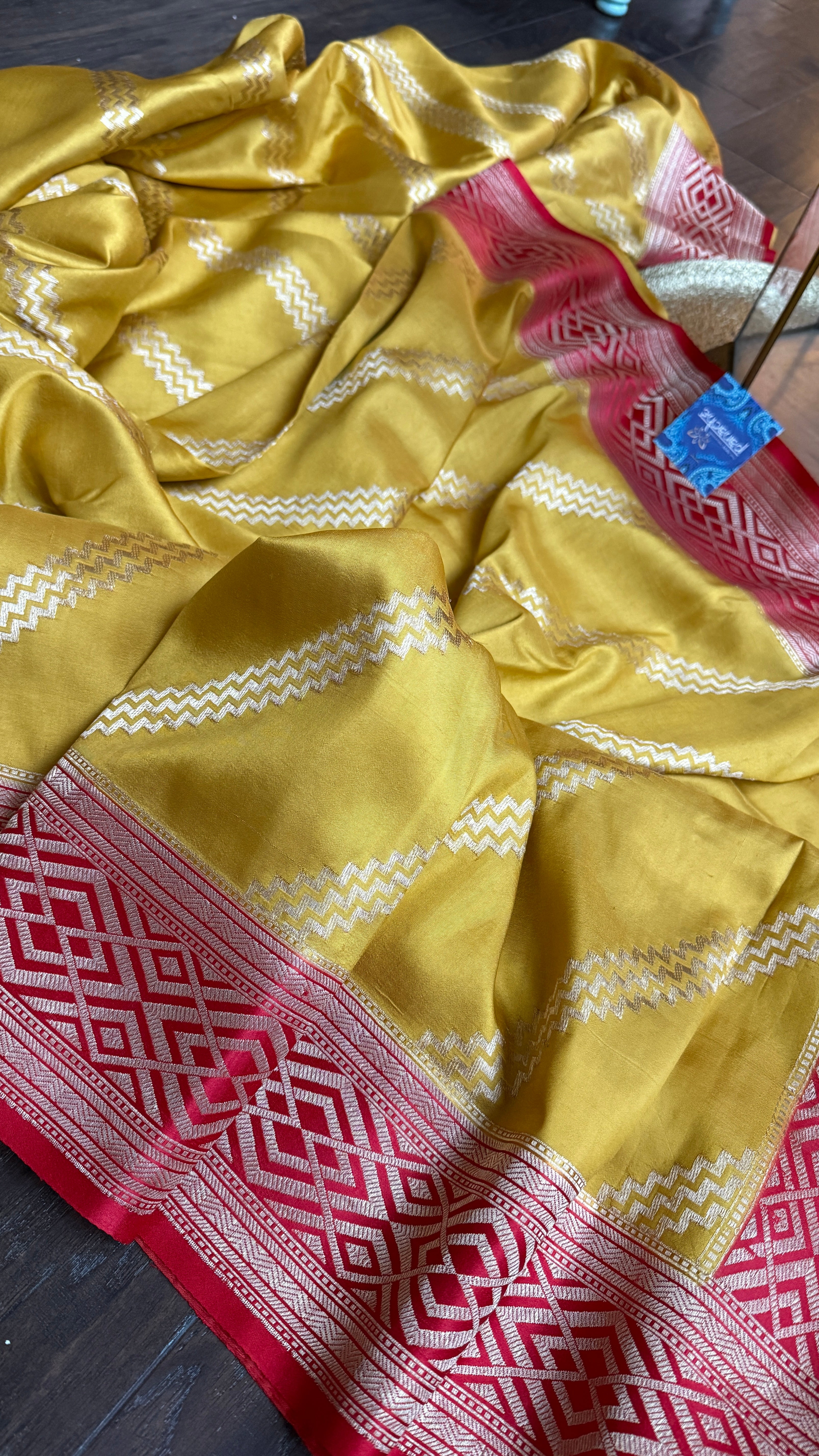 Pure Silk Katan Banarasi- Yellow Red Kadhua