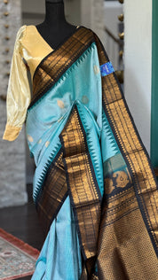 Pure Silk Gadwal - Aqua Sea Blue Black