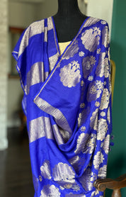 Designer Muga Chiffon Banarasi - Purple Blue Hand Zardozi Embroiderd