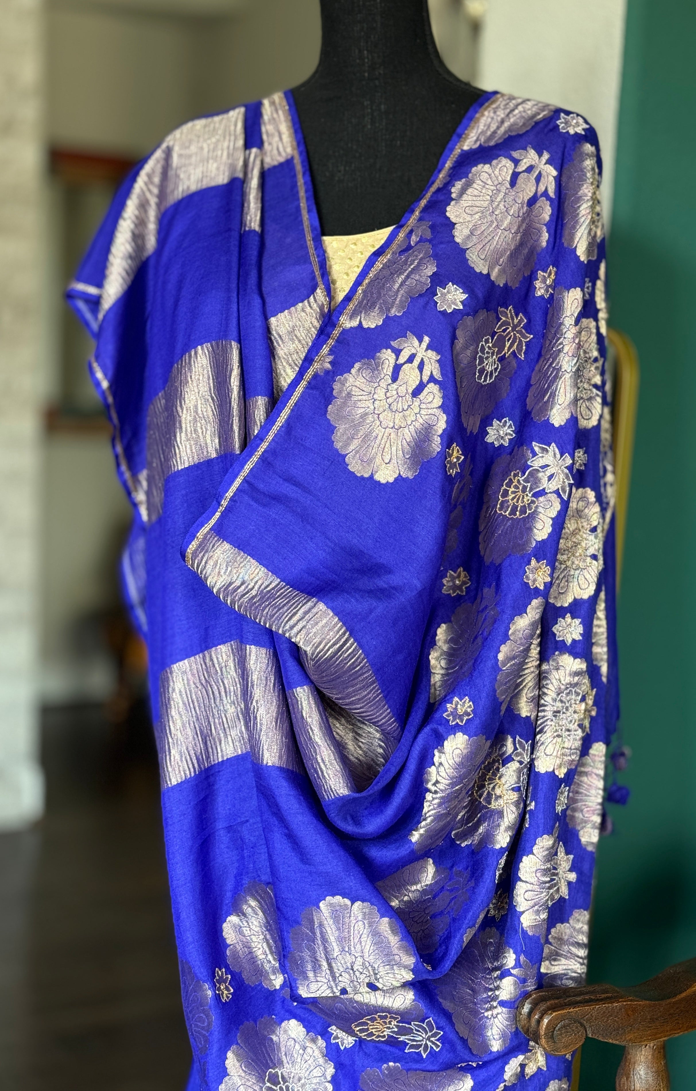 Designer Muga Chiffon Banarasi - Purple Blue Hand Zardozi Embroiderd