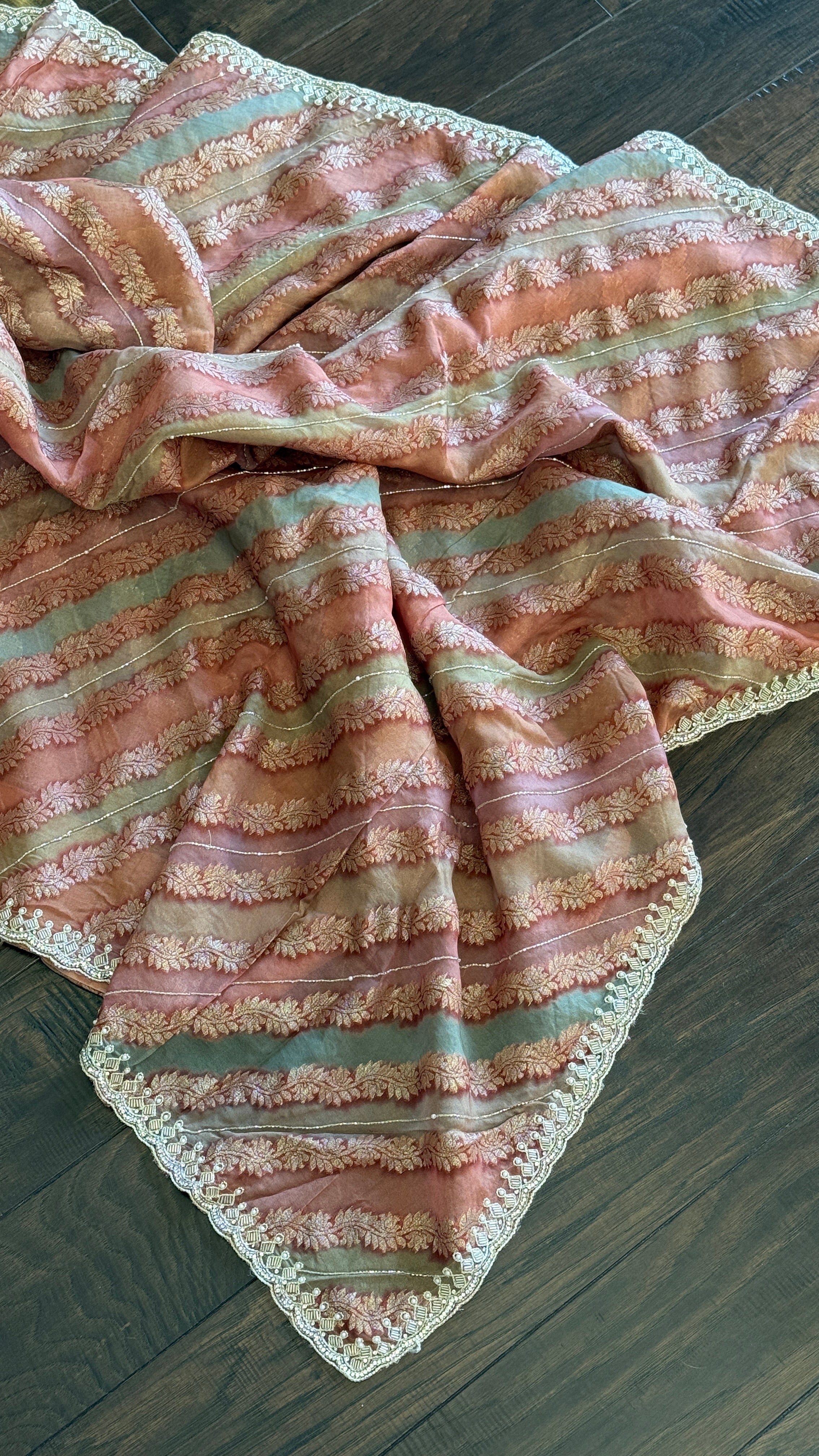 Designer Organza Leheriya - Light Rust Pink Multi Color