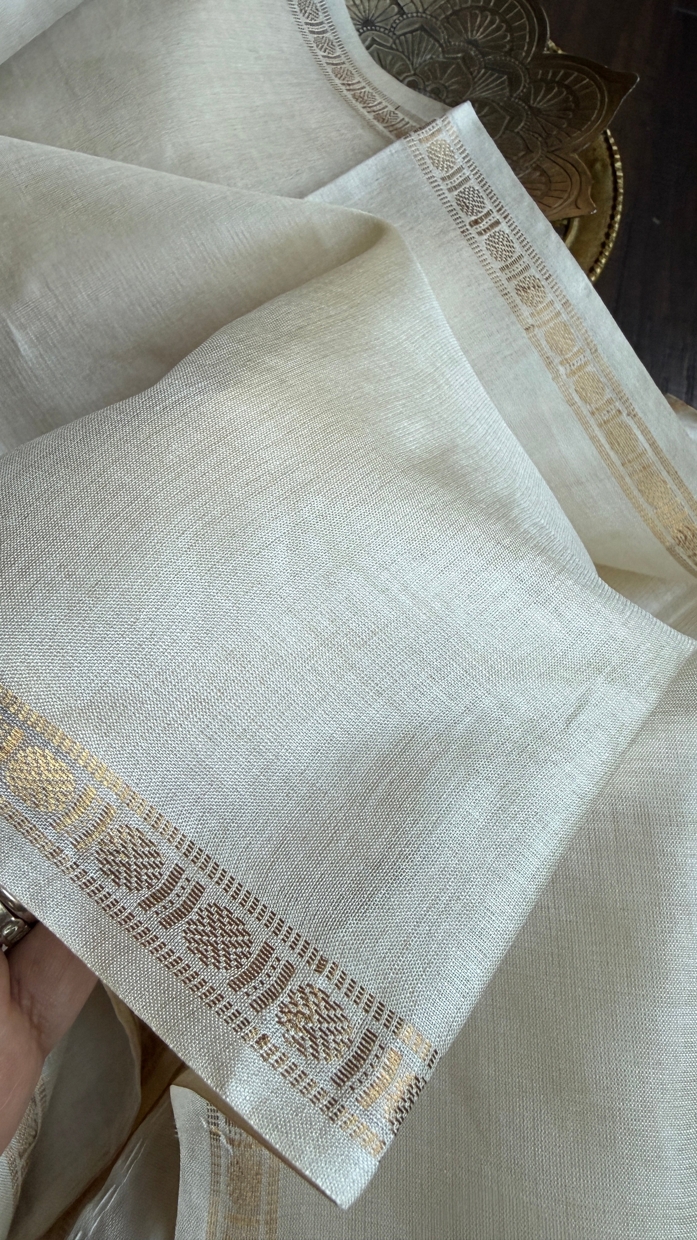 Pure Tussar Silk - Cream Beige Golden Zari Woven1